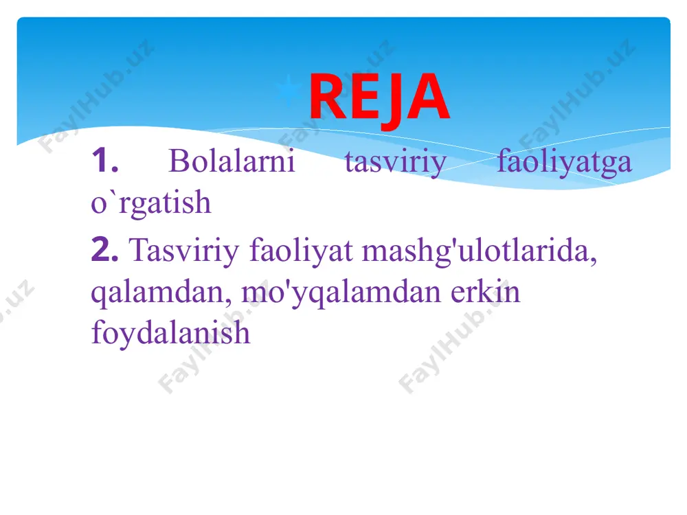 bilim, malaka va ko'nikmalari asosida, ularni hisobga olgan holda tashkil etiladi. maktabgacha ta'lim tashkilotarida tasviriy faoliyat mashg'ulotlarida bolalar asosan amaliy ish bajaradilar, san'at asarlari bilan rasmga qarab hikoya qilish, kitobdagi illustratsiyalarni ko'rib chiqish jarayonida tanishadilar. maktabda tasviriy san'atning turlari - rangtasvir, grafika, haykaltaroshlik va dekorativ san'at asarlari bilan yanada chuqurroq tanishadilar. maktabgacha ta'lim tashkilotida tasviriy faoliyal mashg'ulotlari xilma-xildir. masalan, rasm, mazmunli dekorativ va loy applikatsiya mashg'ulotlari. maktabgacha ta'lim muassasalarida barcha mashg'ulotlarga katta ahamiyat beriladi. maktabda esa tasviriy san'at darslarida rasm (naturaga qarab) mavzu asosida va dekorativ turlari o'tkaziladi. bunda predmetli rasm bo'yicha naturaga qarab rasm chizish o'quv predmeti alohida ahamiyatga ega bo'ladi. loy applikatsiya, qurish-yasash bo'yicha amaliy ishlar maktabda qo'l mexnatiga kiritiladi. boshlang'ich sinf tasviriy san'at dasturining tahlili shuni ko'rsatadiki, predmetli, rasm bo'yicha o'quv vazifalari ancha murakkab tarzda kiritilishidan tashqari, bolalar bog'cha dasturi bo'yicha ayrim takrorlash ishlari kiritildi. 1-sinfda bolalar doira, kvadrat, to'rtburchak, oval kabi tuzilishga ega bo'lgan predmetlarni aniqlashga …