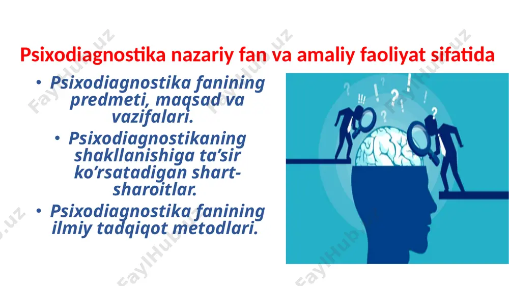 osiy muolajalari nimalardan iborat. psixodiagnostika fanining amaliy vazifalari quyidagilardan iborat: psixodiagnostga mutaxassis sifatida qo‘yiladigan kasbiy talablarni aniqlashtirish; psixolog haqiqatdan ham u yoki bu psixodiagnostik metodlarni mutaxassis sifatida muvaffaqiyatli o‘zlashtirib olgani haqida minimal amaliy shartlar, ya'ni kafolat sifatida; psixodiagnostika sohasida o‘z ishini muvaffaqiyatli amalga oshirish uchun psixolog o‘zida mujassamlashtirishi shart bo‘lgan bilim, ko‘nikma va malakalar; psixologning psixodiagnostika sohasida malakali mutaxassis ekanligini hamda amaliy jihatdan tayyorgarligini baholash mezonlarini hamda dasturlarini ishlab chiqish. psixodiagnostik tekshiruv bosqichlari tayyorgarlik adaptatsion asosiy interpretatsiya yakuniy psixodiagnostik tekshituv asosida to‘planadigan ma`lumot turlari l t q l – ma`lumotlar (life record data) t – ma`lumotlar (objective test data) ob’ektiv test ma’lumotlari. kuzatish asosila inson hayotidagi asosiy ma’lumotlar kuzatish, ekspert baholash natijalarini qayd etish orqali to‘planadi. asosiy talab: q – ma`lumotlar (questionnaire data) so‘rovnomalar asosida to‘plangan ma’lumotlar. mmpi (minnesota ko‘pfaktorli shaxs so‘rovnomasi), r.kettellning 16-faktorli shaxs so‘rovnomasi. natijalarni tahlil qilishda e’tibor berish kerak: - baholanayotgan xususiyat kuzatilayotgan xulq nuqtai nazaridan yoritilishi; …