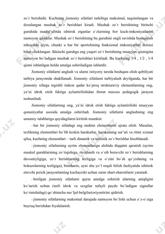 ishlarning davomiyligiga, zo`r berishlarning tezligiga va o`zini bo`sh qo`yishning va hokazolarning tezligiga), binobarin, ayni shu yo`l orqali bilish faoliyatida ishtirok etuvchi psixik jarayonlarning kuchayishi uchun zarur shart-sharoitlarni yaratadi. · berilgan jismoniy sifatlarni qayta amalga oshirish ularning aniqligini ko`tarish uchun (turli idrok va sezgilar tufayli paydo bo`ladigan signallar ko`rinishidagi) qo`shimcha mo`ljal-belgilar(oriyentir)ni qidirish. · jismoniy sifatlarning maksimal darajada namoyon bo`lishi uchun o`z-o`ziga buyruq berishdan foydalanish. jismoniy tayyorgarlikning asosiy maqsadi sportchilardagi tezlik, kuch va epchillik kabi asosiy jismoniy sifatlarni takomillashtirishdan iborat. epchillik eng murakkab sifatlardan biri bo`lib, uning tarkibida ayni bir paytda kuchning, tezlikning va chidamlilik parametrlari mavjud. ushbu xususiyat bajarilayotgan xatti-harakatning xarakteriga ko`ra namoyon bo`ladi, shuning uchun u birinchi galda, texnik tayyorgarlik bilan bog`liq bo`ladi, shu boisdan ham epchillik haqida gap ketganda, avvalo sportchilarning texnik tayyorgarligi xususida gapirish lozim bo`ladi. tezlik bo`yicha tayyorgarlik mashqlari psixik funksiyalarga juda katta talablarni qo`yadi. ma’lumki, tezlik – juda murakkab jismoniy sifatdir. uning tarkibiga 3 ta elementar …