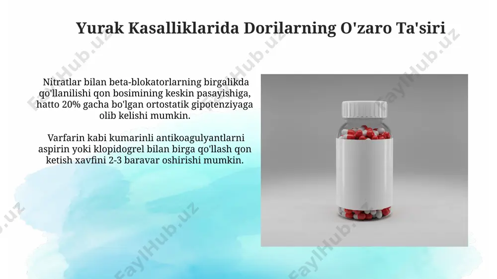 , rivaroksaban, apixaban) buyrak funksiyasiga bogʻliq holda dozani sozlashni talab qiladi va buyrak yetishmovchiligi boʻlgan bemorlarda ehtiyotkorlik bilan qoʻllanilishi kerak. antikoagulyantlarning ta'sir mexanizmi warfarin kabi kumarin antikoagulyantlari k vitamini bog'lanishini bloklaydi, bu esa ii, vii, ix va x koagulyatsiya omillarining sintezi va faolligini pasaytirib, qon ivishini susaytiradi. antikogulyantlar qonning ivish jarayonida ishtirok etadigan ii, vii, ix va x omillarining faolligini to'xtatib, protrombin vaqtini (pt) 1.5-2 barobarga uzaytiradi. nitratlarning ta'siri mexanizmi nitratlar qon tomirlarining silliq mushaklaridagi guanilatsiklaza fermentini faollashtirib, siklik gmp (cgmp) hosil boʻlishini 3-5 marta oshiradi, bu esa tomirlarning kengayishiga va qon bosimining pasayishiga olib keladi. nitratlarning metabolizmi jigarda sodir boʻlib, yarim chiqarilish davri taxminan 3-5 minutni tashkil etadi, bu esa ularning tez ta'sir qilishi va qisqa muddatli ta'sirini belgilaydi. e'tiboringiz uchun rahmat @taqdimot_robot image2.jpg image3.jpg image4.jpg image5.jpg image6.jpg image7.jpg image8.jpg image9.jpg image10.jpg image11.jpg image12.jpg image13.jpg image1.png