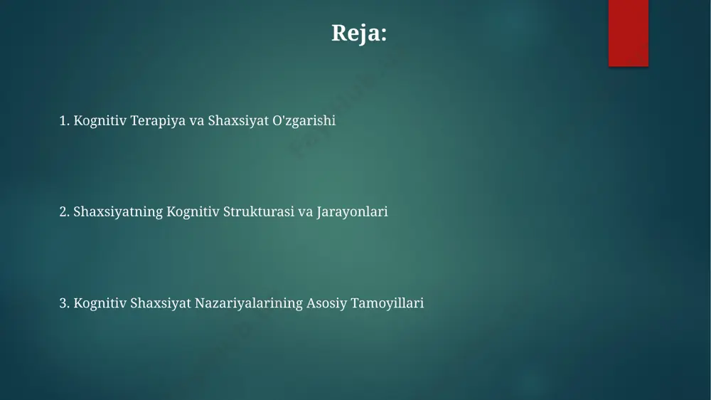 kognitiv xaritalarni rivojlantirish bolalar rivojlanishining 4-bosqichida sezilarli darajada tezlashadi, bu esa maktabgacha ta'lim dasturlariga ta'sir qiladi. kognitiv xaritalar inson miyasining 20% dan ortiq qismini faol ishlatib, murakkab muhitlarda navigatsiya qilish va 3 o'lchovli vizual tasvirlarni yaratishga imkon beradi. aaron beckning kognitiv terapiyasi bekning kognitiv terapiyasi dunyo boʻylab, jumladan oʻzbekistonning yirik shaharlarida ham, psixologik yordam koʻrsatishning muhim usuli sifatida 50 dan ortiq yildan beri qoʻllanib kelinmoqda. ushbu terapiya, salbiy fikrlash uslublarini aniqlash va ularni 3 bosqichli jarayon orqali oʻzgartirishga qaratilgan boʻlib, qoʻllanmalarda 12 ta asosiy kognitiv buzuqlik turlari bayon qilingan. aaron bekning kognitiv terapiyasi, 1960-yillarda pensilvaniya universitetida ishlab chiqilgan boʻlib, depressiya va xavotirni davolashda 90% ga yaqin samaradorlik koʻrsatkichiga ega. kognitiv distorsiyalar o'zbekistonning ayrim hududlaridagi tadqiqotlar shuni ko'rsatadiki, 15-25 yoshdagi yoshlarda o'z-o'zini tanqid qilish va salbiy fikrlash kabi kognitiv distorsiyalar yuqori darajada kuzatiladi, bu esa o'ziga ishonchning pasayishiga olib keladi. aaron beck tomonidan ishlab chiqilgan kognitiv terapiya, 6 ta asosiy kognitiv …