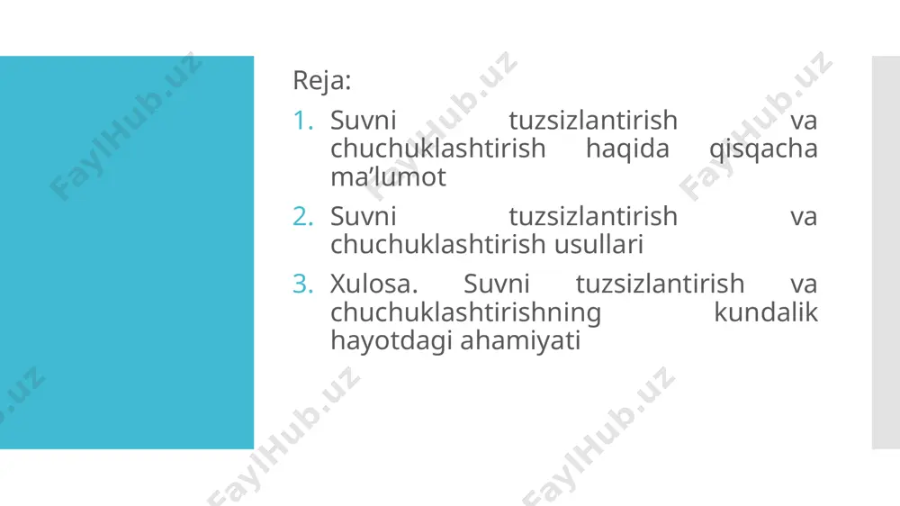’minlaydi, kema qozonlarini qozon va texnologik suv bilan ta’minlaydi. ochiq okeandagi masofaviy neft platformalari - bu erda dengiz suvini quruqlikdan tayyor holda etkazib berishdan ko'ra, joyida tozalash foydaliroqdir. qishloq xo'jaligida. suv hayvonlarni parvarish qilish, o'simliklarni sug'orish va o'g'itlar ishlab chiqarish uchun ishlatiladi. dengiz bo'yidagi mehmonxonalarda, shifoxonalarda, sanatoriylarda - ichimlik va maishiy ehtiyojlar uchun. suvni tuzsizlantirish sanoat usulida amalga oshiriladi. tozalash jarayoni bir qator texnologik operatsiyalarni o'z ichiga oladi tuzsizlantirish texnologiyasini tanlash tayyor suvning maqsadiga, tuzlarning dastlabki kontsentratsiyasiga va boshqa aralashmalar (temir, marganets, vodorod sulfidi, ammoniy, patogen bakteriyalar) va. tuzsizlantirish zavodining zarur mahsuldorligi. suvni tuzsizlantirish va chuchuklash- tirish usullari va usullari. suyuqlikni tozalash uchun dengiz suvini tuzsizlantirishning kimyoviy va biologik usullari qo'llaniladi. eng ko'p ishlatiladigan usullar teskari osmos, distillash (bug'lanish), muzlatish, ion almashinuvi va elektrokimyoviy tozalash (elektrodializ). teskari osmos - tuzsizlantirishning asosiy usullaridan biridir. dengiz suvini teskari osmos usulida tuzsizlantirish texnologiyasi tuz ionlarini mayda to‘rli membranalar yordamida mexanik tutib olishga asoslangan. …