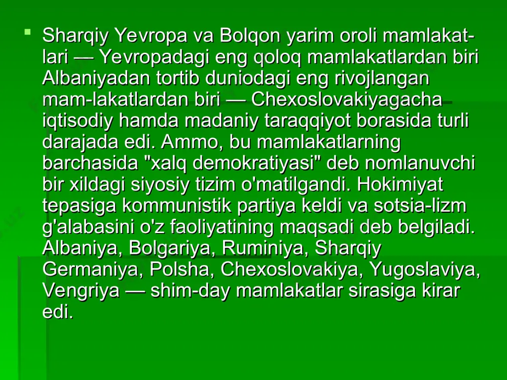 talin bilan mojaroga borishdi. yugoslaviya o'z yo'lidan borib kolxozlarni tarqatib yubordi, ma'muriy-buyruqbozlik tizimi tugatildi. yugoslaviya keng huquqli federativ davlat bo'lib oldi. yugoslaviyadan so'ng gdrda g'alayon ko'tarildi. 1953-yil may oyida berlinda yoshlar, ishchi va xiz-matchilar ishtirokidagi tartibsizliklar boshlanib ketdi. bu namoyishlar sovetlarning okkupatsiya qo'shinlari tomonidan bostirildi. 1956-yil oktabrda polshadagi gdansk kemasozlik korxonasida norozilik chiqishlari boshlandi va bu polsha birlashgan ishchilar partiyasi rahbariyatining almashuviga olib keldi. shu paytgacha repressiya qilingan v.gomulka yangi rahbar etib say-landi. 1956-yil oktabrda vengerlar g'alayoni ko'tarildi. xalq inqilobi tufayli saylangan yangi rahbar imre nadem sovet qo'sbinlarining vengriyadan olib chiqib ketilishinitalab qilib chiqdi. 3—4-noyabrda sovet tank-lari budapeshtga kirib keldi va g'alayonni bostirdi. hokimiyat tepasiga yanosh kadar rahbarligidagi hukumat keldi. 1968-yili chexoslovakiya kommunistik par-tiyasi xuddi shunday sovetlarning totalitar rejimi halqasini uzishga urinib ko'rdi. bu mashhur "praga bahori" edi 80-yillarda sssrda boshlangan iqtisodiy va siyosiy tanglik sotsialistik lagerdagi ahvolni og'irlashtirib qo'ydi. 1981-yildan sssr sanoat ishlab chiqarishi pasaya boshladi. shu yili birinchi …