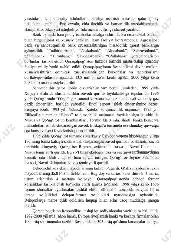 qiladi. 1993 yili nukusda turk-qoraqalpoq litseyi tashkil etildi. 1996 yili respublikada 743 ta umumta’lim maktabi faoliyat ko‘rsatdi. hozir qoraqalpog‘istonda 6 gimnaziya, 13 litsey, 19 kollej, 18 maktab- litsey, 6 bank-klass va biznes-maktablar faoliyat ko‘rsatmoqda. respublikadagi 22 o‘rta maxsus o‘quv yurtlarining kunduzgi bo‘limlarida 11,8 ming o‘quvchi ta’lim olmoqda. 1990 yili qoraqalpoq universiteti uchta fakulteti va ikkita bo‘limi asosida nukus davlat pedagogik instituti qayta tashkil etildi. 1991 yili universitetning tibbiyot fakulteti asosida toshkent pediatriya tibbiyot instituti nukus filiali tashkil etildi. unda talabalar soni 2001 yili 1000 ga etdi. 1995 yili yanada universitetning qishloq xo‘jaligi va iqtisodiyot fakultetlari asosida toshkent agrar universiteti nukus filiali, toshkent arxitektura-qurilish instituti nukus filiallari tashkil etildi. 2005 yili toshkent informatsion texnologiyalar universiteti nukus filiali tashkil etildi. beshta oliy o‘quv yurtlarida 9 ming nafar talaba o‘qimoqda. 1991 yili o‘zbekiston respublikasi fanlar akademiyasi qoraqalpog‘iston filiali bo‘lim statusiga ega bo‘ldi. bo‘lim tarkibida tarix, arxeologiya va etnografiya instituti, bioekologiya, orol bo‘yi ijtimoiy-iqtisodiy …