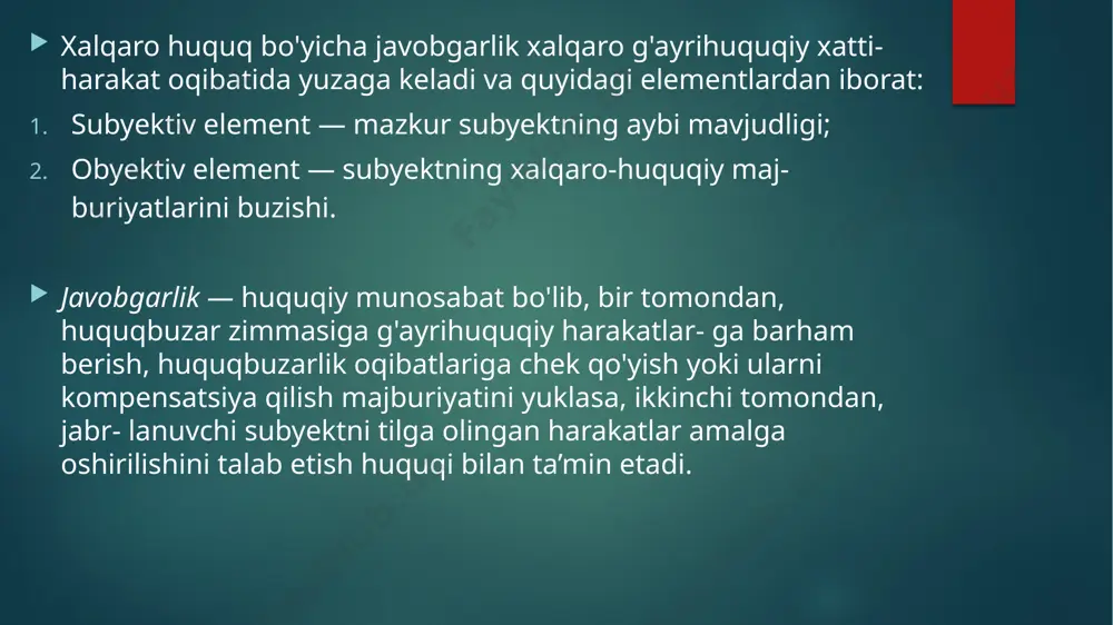 arayotgani tufayli, o'rganilayotgan soha bo'yicha bir talay imkoni- yatlarning mazkur tashkilotga tegishli ekanini tan olish bilan bog'liq muayyan tendensiya kuzatilmoqda. huquqbuzarga ma’naviy-siyosiy ta’sir ko'rsatish chorasi sifatida bmt bosh assambleyasining qoralovchi qaror- lari qabul qilinmoqda, vaholanki, bmt ustavida sanksiya sifatida bun- ga o'xshash choralardan foydalanish ko'zda tutilmagan. bunday qaror- lar, agar ularda kuch bilan yoxud uni ishlatish yo'li bilan tahdid solish orqali erishilgan natijalami tan olmaslik haqida so'z borsa, muayyan huquqiy oqibatlami ham keltirib chiqarishi mumkin. bmtning sanksiyalar qo'llash borasidagi tajribasi ulaming naqadar ahamiyatli ekanini ko'rsatmoqda. janubiy rodeziya va janubiy afrika- dagi irqchilik rejimlariga ko'p jihatdan bmt sanksiyalari tufayli chek qo‘yilgan edi. fikrimizcha, yaqin yillar bmt ustavining «tinchlikka tahdid, tinchlik-barqarorlikning buzilishi va agressiya aktlariga nisbatan harakatlar» nomli vii bobini tamomila yangi mazmun-mohiyat bilan boyitadi. shu ma’noda, 1990-yili quvaytga hujum qilgani uchun iroq- qa nisbatan sanksiya qo'llash taj'ribasi ibratlidir. bu qarama-qarshilik- lardan keyingi davrda keng ko‘lamli sanksiya qo'llash borasidagi ilk tajriba edi. …