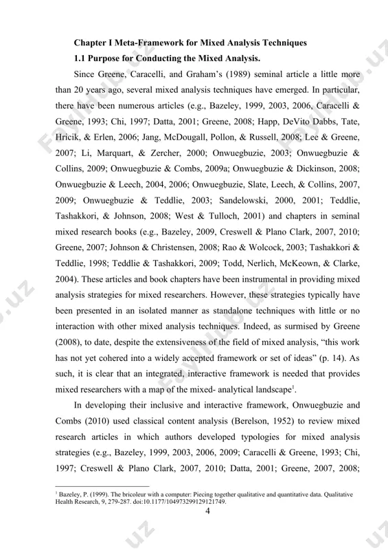 te their mixed analysis typologies: 1. rationale/purpose for conducting the mixed analysis 2. philosophy underpinning the mixed analysis 3. number of data types that will be analyzed 4. number of data analysis types that will be used 5. time sequence of the mixed analysis 6. level of interaction between quantitative and qualitative analyses 7. priority of analytical components 8. number of analytical phases 9. link to other design components 10. phase of the research process when all analysis decisions are made 11. type of generalization 12. analysis orientation 13. cross-over nature of analysis criterion 1: rationale/purpose for conducting the mixed analysis greene et al. (1989) conceptualized a typology for mixed methods purposes/designs that involves the following five purposes: triangulation, complementarity, development, initiation, and expansion. applying these to mixed analysis decisions, when triangulation is the rationale for conducting the mixed analysis, the researcher would compare findings from the qualitative data with …