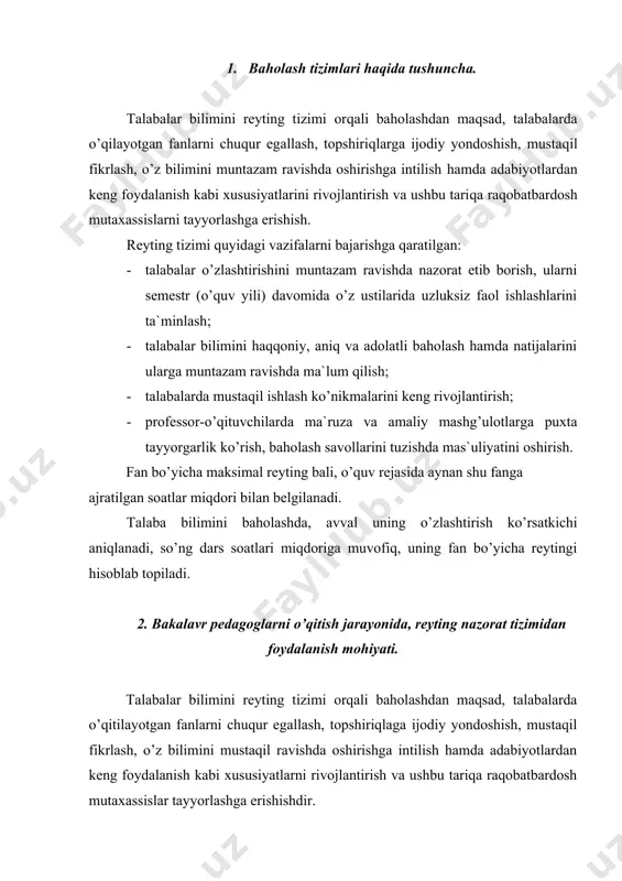 idan olingan bo’lib, baholash ma`nosini anglatadi. baholashning reyting tizimi quyidagi vazifalarni bajarishga qaratilgan: - talabalar o’zlashtirishini muntazam ravishda nazorat etib borish, ularni semestr (o’quv yili) davomida o’z ustilarida uzluksiz faol ishlashlarini ta`minlash; - talabalar bilimini haqqoniy, aniq va adolatli baholash hamda natijalarini ularga muntazam ravishda ma`lum qilish; - talabalarda mustaqil ishlash ko’nikmalarini keng rivojlantirish; - professor – o’qituvchilarda ma`ruza va amaliy mashg’ulotlarga puxta tayyorgarlik ko’rish, baholash savollarini tuzishda ma`suliyatni oshirish. tegishli fan bo’yicha maksimal reyting bali, o’quv rejasida aynan shu fanga ajratilgan auditoriya soatlari miqdori bilan belgilanadi. talabalar bilimini baholashda, avvalo ularning o’zlashtirish ko’rsatkichlari aniqlanadi, so’ngra dars soatlari miqdoriga muvofiq, ularning mazkur fan bo’yicha reytingi hisoblab topiladi. talabalarning fan bo’yicha o’zlashtirishini baholash semestr ya`ni, o’quv yili davomida muntazam ravishda olib boriladi va quyidagi baholash turlari orqali amalga oshiriladi: - joriy baholash (jb) - mustaqil ta`lim ishini baholash (mtib) - oraliq baholash (ob) - yakuniy baholash (yab) 3. nazorat turlari haqida …
