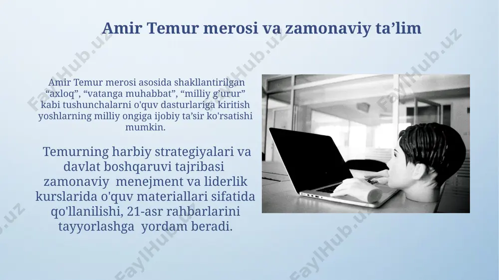 a adolat va qonun ustuvorligi tamoyillari muhim o'rin egallab, hukmronlikning 3 asosiy tamoyili – adolat, qat’iyat va rahm-shafqatga asoslangan. do‘stlik va hamkorlik fazilatlari amir temur davrida savdo-sotiqning rivojlanishi, 300 dan ortiq shahar va qishloqlar o‘rtasidagi faol aloqalar do‘stlik va hamkorlik munosabatlarini mustahkamlashga xizmat qilgan. bu, iqtisodiy taraqqiyot bilan ijtimoiy barqarorlikning bog‘liqligini ko‘rsatadi. temur qo‘shinining 100 000 dan ortiq askarlari turli xalq va millatlardan iborat bo‘lib, ularning o‘zaro hamkorligi va do‘stligi harbiy yutuqlarning asosiy omili hisoblangan. bu, ko‘p millatli armiyaning muvaffaqiyatli boshqarilishining misolidir. hurmat va ehtirom madaniyati amir temur davrida hurmat va ehtirom madaniyati 5 ta asosiy tamoyilga asoslangan bo'lib, ularning har biri jamiyatning barqarorligi va farovonligiga sezilarli hissa qo'shgan. temur tuzumida hurmatsizlik 3 darajali jazo bilan jazolangan: og'zaki tanbeh, moliyaviy jarima va qamoq. bu intizom va axloqiy me'yorlarning muhimligini ko'rsatadi. e'tiboringiz uchun rahmat @taqdimot_robot image4.png image5.jpg image6.jpg image7.jpg image8.jpg image9.jpg image10.jpg image11.jpg image12.jpg image13.jpg image14.jpg image15.jpg image16.jpg image17.jpg image18.jpg image19.jpg …