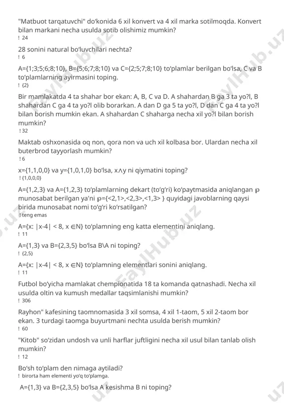 rida to‘g‘ri ko‘rsatilgan? ρ ={(2, 2), (4, 4), (5,5)} 22. istalgan ikkita uchlari qo‘shni bo‘lgan sirtmoqsiz va karrali qirralarsiz oriyentirlanmagan graf to‘la graf deb ataladi? to‘la graf 23. ikki o‘rinli munosabatga …. munosabat deyiladi? binar 24. agar elementar kon’yunksiya ifodasida ishtirok etuvchi har bir elementar mulohaza shu ifodada faqat bir marta uchrasa, u holda bu ifoda …. deb ataladi. to‘g‘ri elementar kon’yunksiya 25. tepalikdagi buloqqa 6 ta yo‘l olib boradi. agar sayyoh buloqqa borgan yo‘lidan emas, boshqa yo‘ldan qaytsa, u holda tepalikka chiqishi va qaytishi jami necha xil usulda bo‘lishi mumkin? 30 26. to‘plam elementlari odatda lotin yoki grek alifbosining …. harflari bilan belgilanadi? kichik 27. graf elementlarining soni …… ga tengdir. |v|+|u| 28. agar g=(v,u) grafda u kortej faqat qirralardan iborat bo‘lsa, u holda yo‘naltirilmagan (oriyentirlanmagan) va faqat yo‘naltirilgan (oriyentirlangan) qirralardan (ya’ni, yoylardan) tashkil topgan bo‘lsa, u holda u yo‘naltirilgan (oriyentirlangan) graf deb ataladi. oriyentirlangan graf, qisqacha, ….. deb …