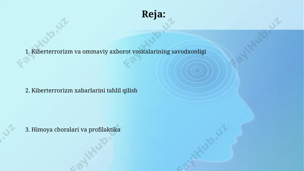 aqolalarining atigi 15%i ushbu hodisalarning ildiz sabablarini chuqur oʻrganadi. kiberterrorizmga oid ommaviy axborot savodxonligini oshirish usullari kiberterrorizm tahdidlarini aniqlash va ularga qarshi kurashish bo'yicha 5 ta asosiy qoidani o'z ichiga olgan interaktiv o'quv dasturlarini ishlab chiqish va tarqatish kerak. bu ommaviy axborot vositalarining ta'siriga chidamlilikni oshiradi. 15 yoshdan oshgan yoshlar orasida kiberterrorizmga oid xavfsizlik madaniyatini shakllantirish maqsadida onlayn va oflayn seminarlar, treninglar orqali kamida 2000 nafar fuqaroni o'qitish lozim. kiberhujumlar va ularning ommaviy axborot vositalarida yoritish kiberhujumlarning 70% dan ortig'i moliyaviy maqsadlarga yo'naltirilgan bo'lib, ommaviy axborot vositalari bunday hujumlarning haqiqiy miqyosini va ijtimoiy-iqtisodiy oqibatlarini yetarli darajada aks ettirmaydi. so'nggi 5 yil ichida kiberterrorizmga oid xabarlar soni 3 barobar oshgan, biroq ularning sifati va tahliliy chuqurligi past bo'lib, ko'pincha sensatsionizm va noto'g'ri ma'lumotlar ustunlik qiladi. axborotni tekshirish va kiberterrorizmga qarshi kurash kiberhujumlarning oqibatlarini kamaytirish va jamoatchilikni himoya qilish uchun kamida 5 xil kiberxavfsizlik vositalaridan foydalanish tavsiya etiladi. kiberterroristlar tomonidan tarqatilayotgan yolg'on …