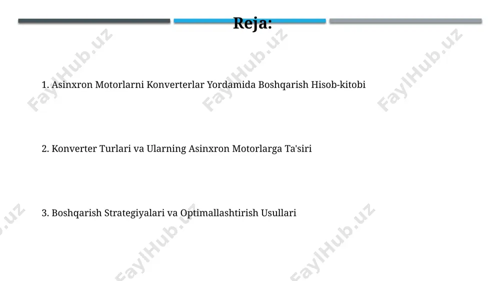 ilan yuqori aniqlikdagi moment va tezlikni boshqarish imkonini beradi. asinxron motorlar va konverterlarga kirish asinxron motorlarning 3 fazali elektr energiyasi bilan ishlaydigan turlari 400v gacha bo'lgan kuchlanishda 1500 ot kuchiga ega bo'lishi mumkin va chastota konvertorlari ularni tezlikni boshqarish imkonini beradi. asinxron motorlarni boshqarishda ishlatiladigan konverterlarning asosiy turlari – bu igbt (insulated gate bipolar transistor) va igbt-larga asoslangan o'zgaruvchan chastota drayvlari bo'lib, ular 5-10 kvt dan yuqori quvvatli dasturlarda qo'llaniladi. asinxron motorni konverter yordamida boshqarish usullari skalyar boshqaruvda kuchlanish va chastota orasidagi nisbatni saqlab, dvigatelning tezligi taxminan 20% gacha o'zgarishi mumkin, bu oddiy va arzonroq usul hisoblanadi. asinxron dvigatellarning tezligini konverter yordamida boshqarishda chastota boshqaruv usuli 0,1 hz dan 50 hz gacha bo'lgan diapazonda silliq tezlik o'zgarishini ta'minlaydi va yuqori samaradorlikka erishiladi. chastota konvertorlari va ularning ish prinsipi pwm (pulse width modulation) usuli orqali chiqish kuchlanishining chastotasi va amplitudasi boshqariladi, bu esa 50 hz dan yuqori chastotalarda ham samarali ishlashni …
