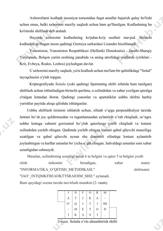 otni maxfiy saqlash, ya'ni kodlash uchun ma'lum bir qalinlikdagi "ssital" tayoqchasini o'ylab topgan. kriptografiyada ssitala (yoki qadimgi spartaning shifri sifatida ham tanilgan) shifrlash uchun ishlatiladigan birinchi qurilma, u ssilindrdan va xabar yozilgan spiralga o'ralgan lentadan iborat. qadimgi yunonlar va spartaliklar ushbu shifrni harbiy yurishlar paytida aloqa qilishda ishlatganlar. ushbu shifrlash tizimini ishlatish uchun, silindr o’qiga perpendikulyar tarzida lentani bo’sh joy qoldirmasdan va tugunlamasdan aylantirib o’rab chiqiladi, so’ngra ushbu lentaga xabarni gorizantal bo’ylab qatorlarga yozib chiqiladi va lentani ssilindrdan yechib olingan. qadimda yechib olingan lentani qabul qiluvchi manziliga uzatilgan va qabul qiluvchi aynan shu diametrli silindrga lentani aylantirib joylashtirgan va harflar ustunlar bo’yicha o’qib olingan. jadvaldagi ustunlar soni xabar uzunligidan oshmaydi. masalan, ssilindirning uzunligi ustun 6 ta belgini va qator 5 ta belgini yozib olish imkonini beradigan, xabar matni: "informatika_o’qitish_metodikasi." shifrmatni: "iao’_intqmkfiieaokttsraioim_shd." aylanadi. buni quyidagi sxema tarzda tasvirlash mumkin (2- rasm). 2-rasm. ssitala o’rin almashtirish shifri qadimgi rim imperatori yuliy sezar …