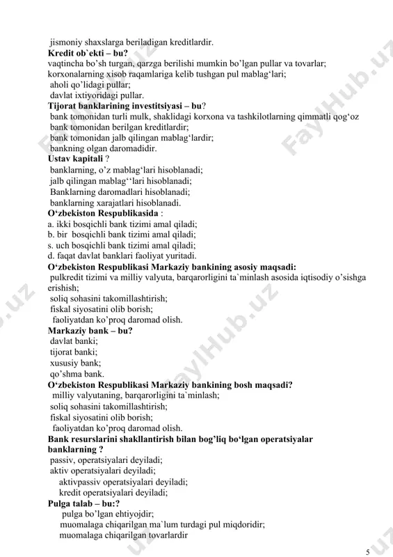 um turdagi pul miqdoridir; muomalaga chiqarilgan tovarlardir pul nazariyasi. pulning asosiy vazifalari – bu? qiymat o’lchovi, muomala vositasi, to’lov vositasi, jamg'arish vositasi; qiymat o’lchovi, baho masshtabi, muomala vositasi; baho masshtabi, qiymat o’lchovi, jaxon pullari; qiymat o’lchovi, jahon pullari, baho masshtabi, muomala vositasi emissiya deganda? muomalaga bank biletlari, pul va qimmatbaho qog'ozlarni chiqarish tushuniladi; mamlakat tashqarisiga chiqarish tushuniladi; qimmatbaxo qog'ozlar chiqarish xuquqi berilgan banklar tushuniladi; aktsionerlar jamiyati tushuniladi. rezerv fondiga ajratmalar va dvidentlar to‘langandan so‘ng qoladigan foydaning bir qismi: taqsimlanmagan, foyda hisoblanadi; depozit hisoblanadi; kredit hisoblanadi; soliq hisoblanadi. mijoz tomonidan bankka ma`lum muddatga qo‘yiladigan qo‘yilmalar: a. muddatli, qo’yilmalar deyiladi; muddatsiz qo’yilmalar deyiladi; investitsiya deyiladi; kredit deyiladi. standart kreditlar bo‘yicha? 10 foiz atrofida, rezerv tashkil qilinadi; 25 foiz atrofida rezerv tashkil qilinadi; 50 foiz atrofida rezerv tashkil qilinadi; 100 foiz atrofida rezerv tashkil qilinadi; substandart kreditlar bo‘yicha? 25 foiz atrofida,rezerv tashkil qilinadi; 10 foiz atrofida rezerv tashkil qilinadi; 50 foiz atrofida rezerv …