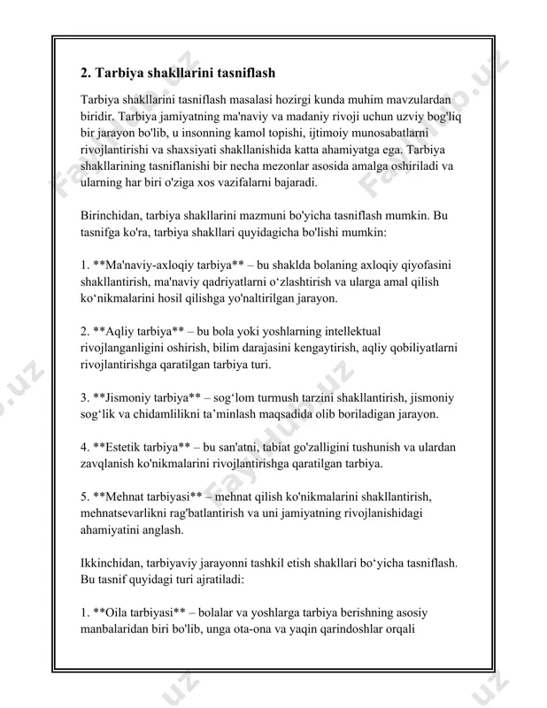 bu usullar orqali o‘quvchilar voyaga yetib kelayotgan ko‘nikmalarni shakllantirishga xizmat qiladi. - **amaliy usullar**: amaliy mashg‘ulotlar, laborator ishlari. bu usullar orqali talabalarning amaliy mahoratlari rivojlantiriladi. 3. **shakllarning turi**: - **individuallashtirilgan shakl**: bu shakl har bir o‘quvchining shaxsiy imkoniyatlarini hisobga olgan holda tashkil etiladi. - **guruhli shakl**: yakka yoki kichik guruhlarda o‘tkaziladigan jismoniy va intellektual mashg‘ulotlar. - **front va frontal shakl**: barcha o‘quvchilar uchun bir vaqtda o‘tkaziladigan tarbiyaviy tadbirlar. 4. **tarbiya jarayonida usul va shakllarning tanlanish omillari**: - pedagogik vaziyat: muayyan mavzu yoki muammo bo‘yicha qanday metod va shakl eng yaxshi natija berishini belgilaydi. - o‘quvchilarning yoshi: yoshlarga mos ravishda usul va shakllar tanlanishi zarur. - pedagog mahorati: tajribali pedagoglar ko‘pincha murakkab usullar va yangi shakllarni qo‘llashlari mumkin. 5. **tarbiya jarayonida usul va shakllarning samaradorligi**: - muvofiqlik: tarbiyaviy maqsadlar va foydalanilayotgan usul va shakllarningo‘zaro mosligi. - xususiyatga oid effekti: usul va shakllarning tarbiya jarayonidagi konkret natijalarni qanday ta’minlagani. - innovatsion yondashuvlar: …