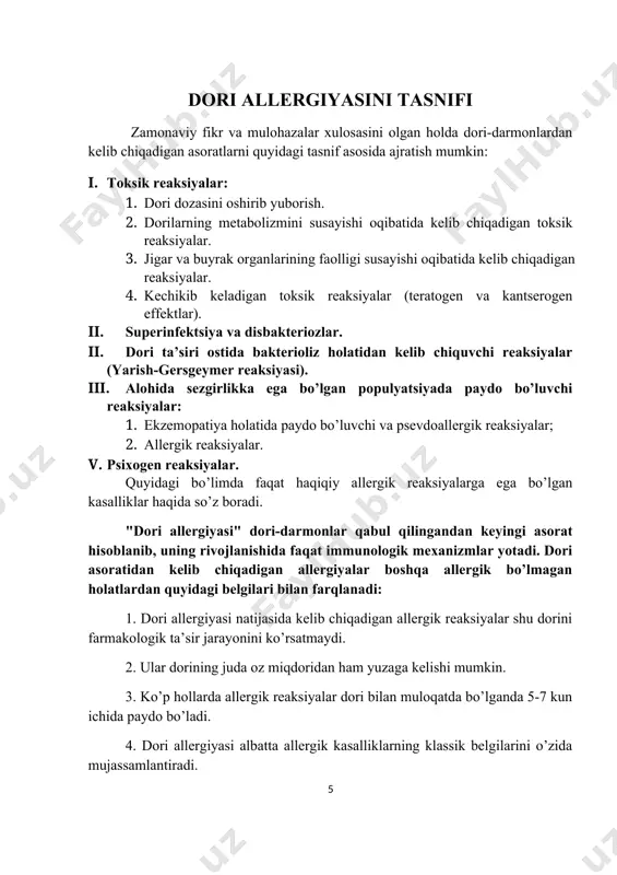 ori allergiyasini tasnifi zamonaviy fikr va mulohazalar xulosasini olgan holda dori-darmonlardan kelib chiqadigan asoratlarni quyidagi tasnif asosida ajratish mumkin: i. toksik reaksiyalar: 1. dori dozasini oshirib yuborish. 2. dorilarning metabolizmini susayishi oqibatida kelib chiqadigan toksik reaksiyalar. 3. jigar va buyrak organlarining faolligi susayishi oqibatida kelib chiqadigan reaksiyalar. 4. kechikib keladigan toksik reaksiyalar (teratogen va kantserogen effektlar). ii. superinfektsiya va disbakteriozlar. ii. dori ta’siri ostida bakterioliz holatidan kelib chiquvchi reaksiyalar (yarish-gersgeymer reaksiyasi). iii. alohida sezgirlikka ega bo’lgan populyatsiyada paydo bo’luvchi reaksiyalar: 1. ekzemopatiya holatida paydo bo’luvchi va psevdoallergik reaksiyalar; 2. allergik reaksiyalar. v. psixogen reaksiyalar. quyidagi bo’limda faqat haqiqiy allergik reaksiyalarga ega bo’lgan kasalliklar haqida so’z boradi. "dori allergiyasi" dori-darmonlar qabul qilingandan keyingi asorat hisoblanib, uning rivojlanishida faqat immunologik mexanizmlar yotadi. dori asoratidan kelib chiqadigan allergiyalar boshqa allergik bo’lmagan holatlardan quyidagi belgilari bilan farqlanadi: 1. dori allergiyasi natijasida kelib chiqadigan allergik reaksiyalar shu dorini farmakologik ta’sir jarayonini ko’rsatmaydi. 2. ular dorining …