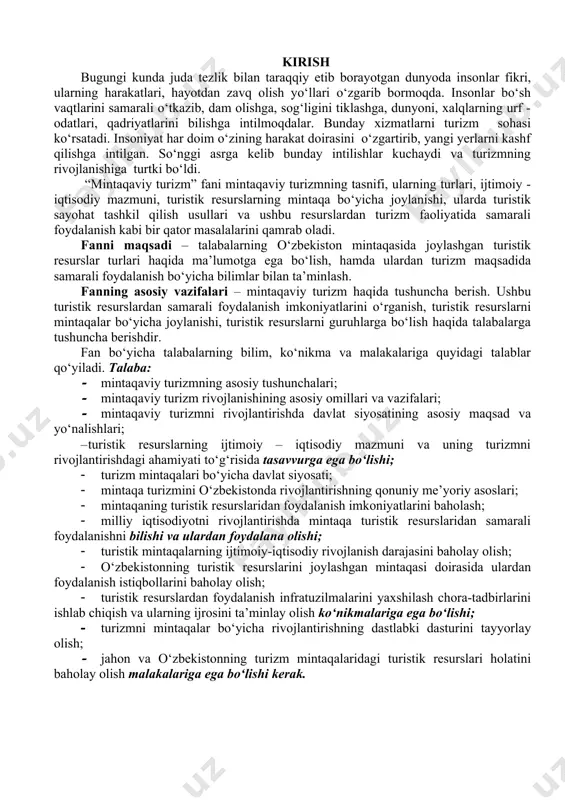 st sifatida tashrif buyuruvchilar soni yildan – yilga ko’payib bormoqda. va bu jarayon har doim o’zining ob’ektiv va sub’ektiv rivojlanish qonuniyatiga ega bo’lib, undan maqsadli foydalanish lozim bo’ladi. bunga amal qilgan ko’pgina mamlakatlarda turizmning rivojlanishi yuqori samara berib kelmokda. mustaqillikning dastlabki davrlaridan boshlab, o’zbekistonda ham turizmni shakllantirish va qaror toptirishga katta ahamiyat berilib, bu jarayonda turistik resurslardan, ayniqsa mintaqa xududlarida mavjud bo’lgan salohiyatdan samarali foydalanish yo’l – yo’riqlari qidirilmoqda va uning imkoniyatlari o’rganilmokda. turizm ham respublikamiz iqtisodiyotida qishloq xo’jaligi, sanoat, transport va boshqa makroiqtisodiy tarmoqlar qatori o’zining munosib o’rniga ega bo’lishi uchun yetarlicha resurslarga ega. mamlakatimizda turizmni rivojlantirish imkoniyatlari bo’yicha markaziy osiyo davlatlari ichida yetakchi hisoblanadi. respublikamiz tarixiy, arxeologik, arxitektura, san’at, musiqa va boshqa turistik resurslarga boy hisoblanadi. bundan tashqari mamlakatimizning betakror tabiati, tog’ va tekislik, daryolari, cho’l va vaholari, ko’p va turli landshaft zonalari asosiy rekreasiya resurslaridir. mamlakatimizda yosh tarmoq hisoblangan turizm, kundan kunga rivojlanmoqda. bu esa, ko’pgina ish …