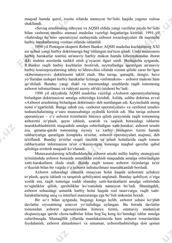 arsani sotib olish mumkin. diniy tanishuv saytlarida esa qalban mos insonni topish oddiy bosqichlarda amalga oshiriladi. kompyuter media vositalarida kasalliklarga davo va muammolarga yechim topish keng rivojlanmoqda. guru, yevangelistlar, maslahatchi ekstrasenslarga duoli so‘rov yuborish yoki diniy va amaliy muammolarga javob topish mumkin. bunga ko‘pchilikni murojaatning anonimligi va kuchli diniy yetakchining ishtiroki jalb etadi. yuqorida ko‘rib o‘tilgan jarayonlar internet bugungi kundalik turmushimizga qay darajada chuqur singib borganini namoyon qilmoqda. tobora kuchayib borayotgan globallashuv jarayonida ma'lumotning mazmuni va strategiyasini tahlil qilish muhim. chunki, bunday xurujlar yoshlarning ma'naviy-axloqiy, psixologik dunyoqarashini, siyosiy nuqtai-nazari va e'tiqodini maqsadli ravishda o‘zgartirishga qaratilganligi hech kimga sir emas. axborot xurujlari va kiber tahdidlardan himoyalanish, o‘z navbatida, ularga qarshi kurashish uchun har bir kishi hushyor va ogoh bo‘lishi, axborotni tahlil qila bilishi lozimligini davrning o‘zi talab etadi. axborotlar oqimidan foydalanish bo‘yicha yoshlarda sog‘lom immunitetni hosil qilish, ijobiy tomonlarini o‘rgatish bilan birga, salbiy oqibatlaridan xabardor etish muhim. 2. axborot urushi va …