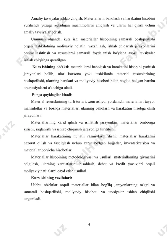 ishlab chiqish: materiallar baholash va harakatini hisobini yuritish jarayonlarida yuzaga kelishi mumkin bo'lgan muammolarni aniqlash va ularni samarali hal etish bo'yicha tavsiyalar ishlab chiqish. 7.materiallar hisobining samarali boshqarilishi bo'yicha tavsiyalar berish: materiallar resurslarini samarali boshqarish, ishlab chiqarish jarayonlarini optimallashtirish va xarajatlarni kamaytirish bo'yicha amaliy tavsiyalarni ishlab chiqish. [footnoteref:0] [0: 1.o‘zbekiston respublikasi prezidentining qarorlari va farmonlari. (2019). ] ushbu vazifalar kurs ishining maqsadlariga erishish va materiallarni baholash va harakatini hisobini yuritish jarayonlarini samarali boshqarish bo'yicha chuqur tahlil qilishga yordam beradi. kurs ishining tuzilishi: kirish, ikkita bob (to'rtta paragraf), xulosa va foydalanilgan adabiyotlar ro'yxatidan iborat. 1 1 1 1. materiallarni turkumlash, baholash va ularni hisobga olishning vazifalari bozor munosabatlari sharoitida xomashyolar, materiallar va yoqilg’ilar xarajatlari salmog’ini kamaytirishga o’xshagan sifat ko’rsatkichlari hal qiluvchi ahamiyatga ega bo’ladi. bunga ilg’or konstruktiv materiallardan, metall upalari va plastmassalardan, qimmat turadigan materiallar o’rniga mahsulot sifatini pasaytirmaydigan, ishlab chiqarish chiqindilarini kamaytiradigan arzon materiallardan foydalanish yo’li bilan erishiladi. tabiat resurslaridan …