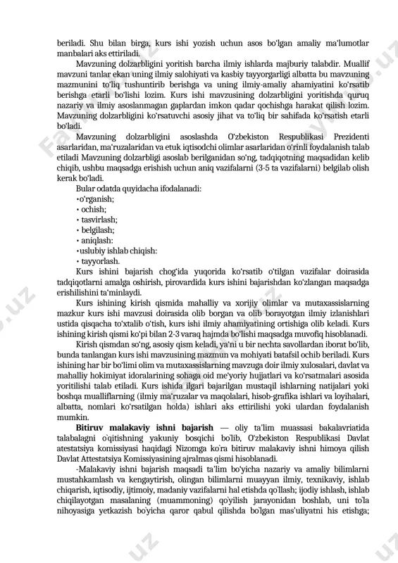 ganda, adabiyotlardan foydalanishning ikkala bosqichi ham bir-biri bilan o‘zaro bog‘lanib ketadi. kurs ishi mavzusini tanlash va rejasini tuzishda adabiyotlardan foydalanish juda katta ahamiyat kasb etadi. tanlangan mavzuni qanchalik dolzarbligi, muammoli ekanligini talaba, albatta, kerakli kitob, jurnal, internet saytlari va boshqa manbalar orqali bilishi kerak bo‘ladi. shuningdek, ushbu mavzu bo‘yicha reja tuzishda, uning ahamiyatliligi, xuquqiy asoslari etarliligi, dolzarbligi, muammoliligi va ularni bartaraf etish mumkinligini ilmiy, nazariy va amaliy adabiyotlardan foydalangan holda o‘rganib chiqadi. kurs ishini yozishda mavzuga oid adabiyotlarni chuqurroq o‘rganishga va ularni tahlil qilish hamda ulardagi mavzuga oid fikrlarni solishtirish jarayonida, ma‘lum fikrlarni yoqlashni va ba‘zilarini inkor qilishni hamda mavzuga oid muammolarni bartaraf etishda qaysi adabiyotda keltirilgan fikrlar maqsadga muvofiqligini aniq ta‘kidlab o‘tish kerak bo‘ladi. adabiyotlarda keltirilgan fikrlarni kurs ishida aniq va ravon keltirish lozim. shuningdek, talaba kurs ishi materiallarini tahlil qilishda e‘lon qilingan statistik ma‘lumotlardan keng foydalanishi kerak. kurs ishi materiallarini tahlil qilish va uning mazmunli bo‘lishida statistik ma‘lumotlar …
