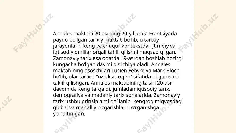 sial va iqtisodiy o‘zgarishlarni chuqur tahlil qiladi va yangi tushunchalar kiritadi. shu yo‘l bilan, mikrotarixchilarning maqsadi oddiy odamlarning kundalik hayotini va tarixiy jarayonlarga qo‘shgan hissasini yoritish hisoblanadi. ... t.me/slaydai_bot "annales maktabi" xx asrning 20-yillarida fransiyada asos solingan tarixiy maktabdir. ushbu maktabning asoschilari l. fevbr va m. blok bo‘lib, ular ijtimoiy fanlar va tarix metodologiyasini yangi yo'nalishda rivojlantirishgan. kollektiv xotira tushunchasi m. halbvaxs tomonidan ishlab chiqilgan bo‘lib, u inson xotirasi faqat individual bo‘lmay, jamoaviy omillarga ham bog‘liq ekanligini ta'kidlaydi. ushbu maktab tarixiy jarayonlar va xotira institutlarini keng o‘rganib, ijtimoiy strukturalar bilan o‘zaro bog‘liqligini ko‘rsatgan. kollektiv xotira orqali jamiyatlar o‘z o‘tmishini anglaydi va kelajak uchun maqsadlar belgilaydi. tarixiy antrapalogiyada annalar maktabi jasmina ilxomjonova e'tiboringiz uchun raxmat! image1.png image2.png image3.png image4.jfif image5.jpg image6.jfif image7.jfif image8.jfif /docprops/thumbnail.jpeg