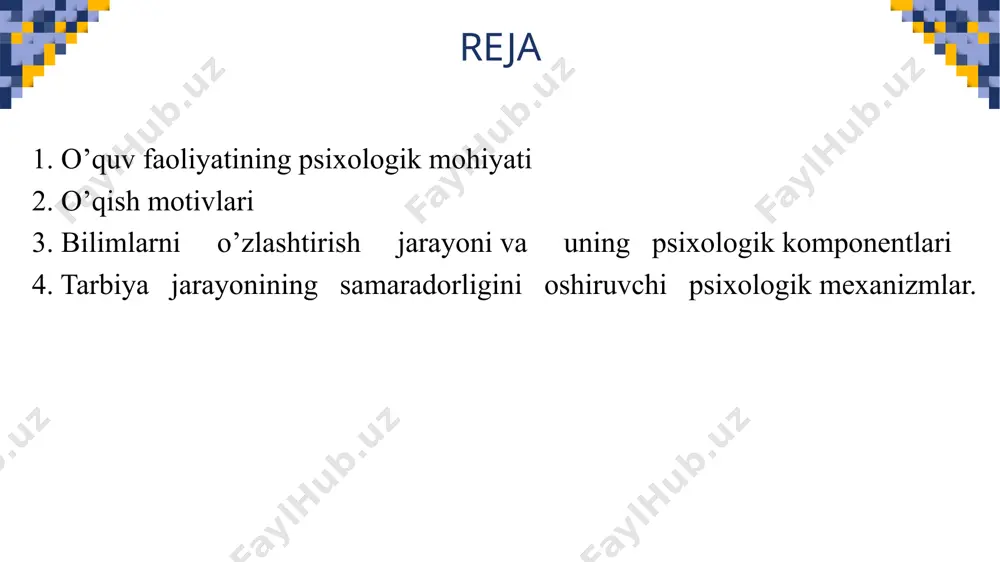 r bilan kechadi, berilayotgan material yetarli darajada anglanilmaydi, ta'lim oluvchi ta'limning asl mohiyatini tushunib yetmaydi ikkinchi turda - materialni nisbatan dadil va to’la tushunilishi va material bilan bog’liq tushunchalarni ajratilishi bilan xarakterlanadi uchinchi tur - tez, samarador va bexato xatti-xarakatlarni o’zlashtirilishini ta'minlab beradi 1 2 3 ta'limning psixolik asoslari muammosi ko’pgina masalalarni qamrab oladi. ta'limning muvaffaqiyati bir qator psixologik omillarga boqliq bo’ladi. avvalo o’quvchining o’qishga bo’lgan munosabatiga to’xtaylik. bu munosabat diqqatda, his-tuyg’ularda, qiziqishlar va irodada, shuningdek, shaxsning tutgan yo’lida namoyon bo’ladi. ta'lim jarayoni avvalo o’quvchilar diqqatini yo’lga solishni talab etadi. darslarda ko’rgazmali qurollardan, axborot texnologiyalari vositalaridan foydalanish ta'lim oluvchida ixtiyorsiz diqqatni yuzaga keltiradi. ta'lim jarayonida ta'lim beruvchining vazifasi darsda ishlash holatini yuzaga keltirishgina emas, balki o’quvchilarning darsda o’tiladigan materialini idrok etishga tayyor turishlarini kuzatish hamdir. dars jarayonida o’quvchilarning diqqati o’zgarib turadi. o’qitish jarayonida bu qonuniyatlarni nazarda tutish va o’quvchilar diqqatini materialning asosiy jihatlariga jalb etish hamda ularni takrorlash kerak. ma'lumki, …