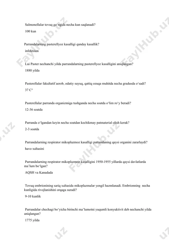 g go‘ngida biotermik zararsizlantirilganda virus necha kundan keyin faolsizlanadi? 28 kundan keyin chechak viruslari qaynatilganda necha gradusda va necha daqiqada o‘ladi? {=a 70 c° da 5 daqiqada chechak virusi organizmga kirgandan keyin epitelial to‘qima va teriga tushgandan keyin qon bilan necha soatda organizmga tarqaladi? {= 24-48 soat salmonella jo`jalarda qaysi kasallikning qo`zg`atuvchisi sanaladi? {= pulloroz parrandalarda uchraydigan salmonella qo`zg`atuvchisi 1% li karbol kislotasida necha daqiqada o`ladi? {= 5 pullorozning xarakterli belgisi? {=a oppoq ich ketish salmonellalar parrandalarda qaysi kasalliklarni chaqiradi? {=a pulloroz parrandalar salmonellyoziga qaysi tur parrandalar moyil? {=a barcha qishloq xo’jalik va yovvoyi parrandalar parrandalarda salmonellez qo‘zg‘atuvchisi organizmga qaysi yo‘llar bilan kiradi? {=a alimentar, nafas olish a’zolari va transovarial pullorozga qaysi tur parrandalar moyil? {=a tovuq va kurka o‘ta moyil tustovuq, bedana, sesarka, tovus, tuya qush, oq qush va boshqa tur parrandalar kamroq moyil qaysi kasallikda tovuqlar pingvin turgan holatni eslatadi? {= pulloroz # pulloroz qo‘zg‘atuvchisi organizmga qaysi yo‘llar …