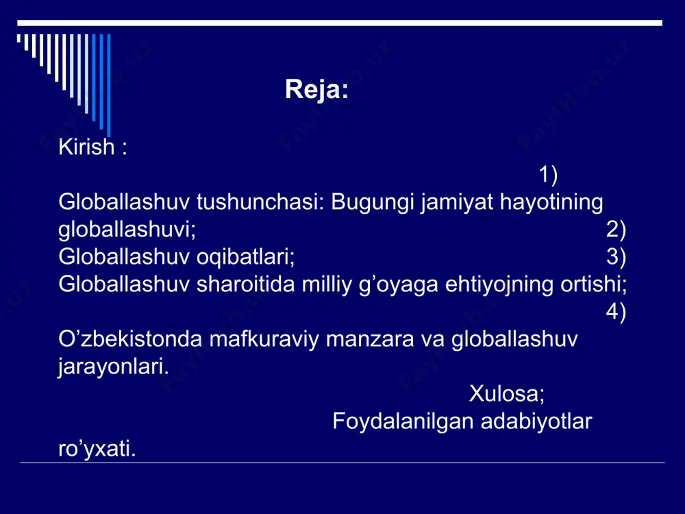 ’zlikni himoyalash alohida ahamiyatga ega. yoshlar ongida milliy g’oya ishonch va etiqod sifatida shakllanishi uchun uning quyidagi funksiyalari katta ahamiyatga ega: 1) bilish; 2) tarbiyaviy; 3) regulyativ; 4) kommunikativ; 5) normativ va qadriyatli; 6) safarbar etish va yo’naltirish; 7) himoya; 8) g’oyaviy bandlik. mafkuraviy jarayonlarning globallashuvida bir biridan farq qiladigan ikki yo’nalish mavjud; 1. insoniyat sivilazatsiyasi tarixida erishilgan har qanday moddiy manaviy qadriyatlarning umuminsoniy jihatlarini tarixiy makon doirasidan chiqib baynalminallashib va universallashib bormoqda. boshqacha aytganda milliylik va umuminsoniylik tamoyillarning integratsiyalashuv jarayoni ko’chmoqda. 2. millatlar va davlatlarning ijtimoiy, iqtisodiy, siyosiy, manaviy – madaniy rivojlanishidagi barqarorliq, ular manfaatlaridagi o’zig xosliqni mutlaqlashtirish imkoniyatiga shu jumladan, o’z millatining kelajagiga xavf tug’diradigan salbiy hodisalarning mafkuralashgan holda globallashuviga olib kelmoqda. 1.o’zbekiston respublikasi konstitutsiyasi. toshkent.: ’’ o’zbekiston ’’ 2008 yil. 2. karimov. i. a ’’ o’zbekiston xxi asr bo’sag’asida: xavfsizlikka taxdid, barqarorlik shartlari va taraqqiyot kafolatlari ’’ tom 6, toshkent.: ’’ o’zbekiston ’’ 1997 yil. 3. karimov. …