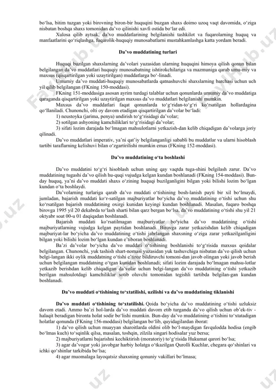 qiluvchi muddatlar muayyan munosabat ishtirokchilarining faqatgina shu munosabatlariga doir huquqlari yoki majburiyatlarini bekor qiladi. muddatlar o‘zlarining aniqlanish tavsifiga ko‘ra imperativ va dispozitiv, mutloq aniq, qisman aniq va noaniq, umumiy va maxsus hamda boshqa muddatlarga ajratiladi. imperativ muddatlar qonunda aniq belgilanib, tarflar-ning kelishuvi bilan o‘zgartirilmaydi. bunday muddatlar impera-tiv bo‘lib, qonunda belgilangan barcha muddatlar uchun bu hol majburiy ahamiyatga ega emas. faqatgina qonun hujjatlarida qat’iy belgilangan va huquqiy munosabat ishtirokchilariga o‘zgartirish imkoniyati berilmagan muddatlargina imperativ muddat hisoblanadi hamda huquqiy munosabat ishtirokchilari bu muddatlarga og‘ishmay amal qilishlari lozim. masalan, uch yillik umumiy da’vo muddatini taraflar ikki yilga kamaytirishlari yoki to‘rt yilga uzaytirishlari mumkin emas. dispozitiv muddatlar qonunda belgilangan bo‘lsada, taraflar kelishuvga muvofiq mavjud vaziyat taqozosidan kelib chiqib qisqartirish yoki uzaytirish huquqiga ega bo‘ladilar. masalan, majburiyatni darhol bajarish vazifasi qonun, shartnoma yoki shartnoma mohiyatidan anglashilmasa qarzdor bunday majburiyatni kreditor talab qilgan kundan boshlab yetti kunlik muddat ichida bajarishi lozim (fkning 242-moddasi), biroq taraflar o‘zaro …