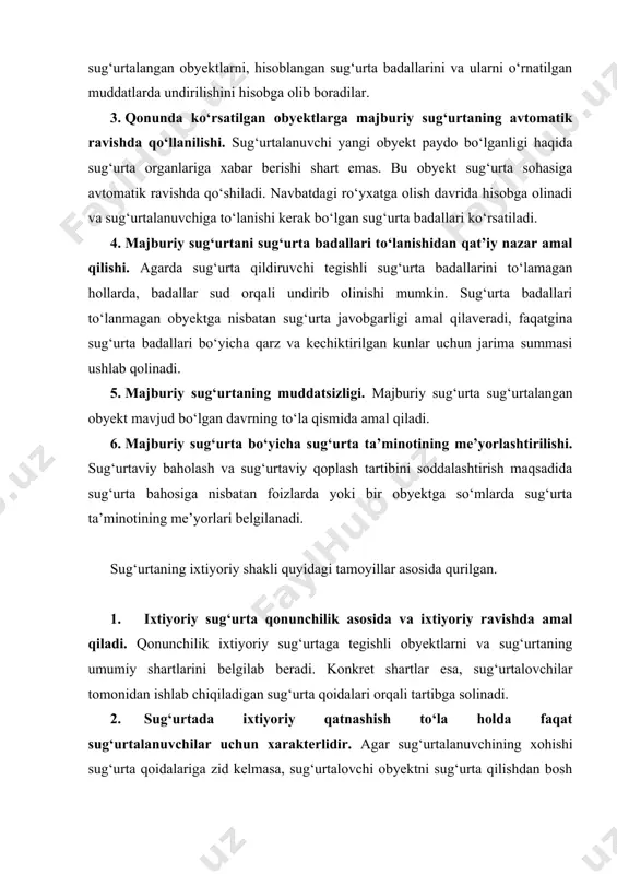 , sug‘urtalovchi obyektni sug‘urta qilishdan bosh tortish huquqiga ega emas. bu tamoyil sug‘urtalanuvchining birinchi talabi bo‘yicha sug‘urta shartnomasi tuzilishini kafolatlaydi. 3. ixtiyoriy sug‘urtani tanlab qamrab olishi. barcha shaxslar ham unda ishtirok etish istagini bildiravermaydilar. bundan tashqari, shartnomalar tuzishda sug‘urta shartlari bo‘yicha chegaralashlar ham amal qiladi. 4. ixtiyoriy sug‘urta doimo sug‘urta muddati bilan chegaralanadi. bunda muddatning boshlanishi va tugashi shartnomada qat’iy kelishib olinadi. shundan kelib chiqib, sug‘urta qoplamasi yoki sug‘urta summasi sug‘urta holati faqatgina sug‘urta davrida sodir bo‘lgandagina to‘lanadi. ixtiyoriy sug‘urtaning uzluksizligini faqatgina yangi muddatga qayta shartnoma tuzish yo‘li bilangina ta’minlash mumkin. 5. ixtiyoriy sug‘urta faqatgina bir martalik yoki davriy sug‘urta badallari to‘langandagina amal qiladi. ixtiyoriy sug‘urta shartnomasining kuchga kirishi bir martalik yoki birinchi sug‘urta badalini to‘lanishi bilan asoslanadi. uzoq muddatli sug‘urta bo‘yicha navbatdagi badalning to‘lanmasligi natijasida shartnomaning amal qilishi to‘xtaydi. 6. ixtiyoriy sug‘urta bo‘yicha sug‘urta ta’minoti sug‘urtalanuvchi istagidan kelib chiqadi. mulkiy sug‘urta bo‘yicha sug‘urtalanuvchi sug‘urta summasini sug‘urta bahosi chegarasida belgilashi …