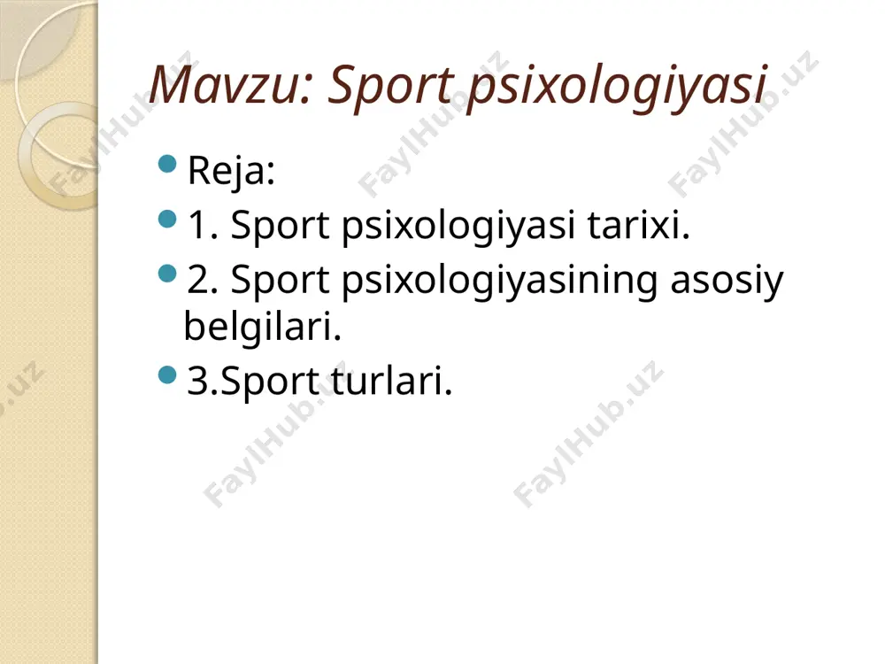 portchi hech qachon erishilgan natijalardan qoniqib bir joyda to’xtab qolishi mumkin emas, u yanada oldinga intilishga harakat qilishi lozim. sport kurashi. u sport musobaqalarida alohida o’rin tutadi. sport kurashi sportchidan o’z jismoniy kuchi, ichki kechinmalari, yaxlit psixik jarayonlarni maksimal darajada bir nuqtaga jamlashni talab qiladi. sport musobaqalaridagi g’alaba abatta, emotsional holatni yuzaga keltiradi. erishilgan natijadan qoniqish tuyg’usi yaxshi kayfiyat, tetiklik tuyg’usi o’z kuchiga ishonch tuyg’usini oshiradi.bu esa trenirovkalarni davom ettirish va musobaqalarda yana qatnashishga sharoit yaratadi. prezidentimiz i. a. karimov ta’kidlab o’tganlaridek –” yosh avlod bizning kelajagimizdir”. yosh avlodni jismonan va ruhan sog’lam qilib tarbiyalamasdan turib, davlatimizga yetuk barkamol avlodni yetishtirib berish mumkin emas. sport psixologiyasi har qanday sport faoliyati sport musobaqasi bilan uzviy bog’liqdir: hech qanday soprt faoliyatini sport musobaqasiz tasavvur etib bo’lmaydi. soprt trenirovkasida o’tish va tarbiyalash ishlarni olib borilishi konkert musobaqada muvaffiqiyatli qatnashishga tayyorlashdan iboratdir:- musobaqa- olib borilgan trenirovkani yakunlash davri desa ham bo’ladi. sport psixologiyasi. sport …