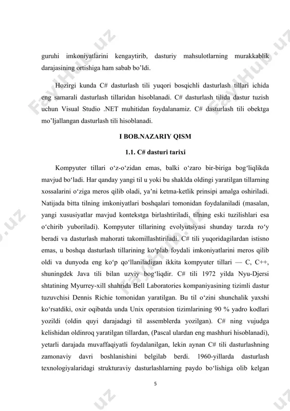ini o'z ichiga olgan umumiy maqsadli, ko'p paradigmali dasturlash tili. u 2000 yilda microsoft tomonidan .net tashabbusi doirasida ishlab chiqilgan va keyinchalik ecma (ecma-334) va iso (iso / iec 23270: 2018) tomonidan xalqaro standart sifatida tasdiqlangan. c# dasturlash tilida consol rejimda dastur tuzish uchun yangi loyiha yaratamiz (file/new project/visual c#/ console application). ushbu loyihamiz- ning nomini masalan “1-misol” deb nomlaymiz. bizga c# kodini yozish uchun yangi oyna ochiladi. consol rejimida ishlash uchun .net da console sinfi ishlatiladi. bu sinfning afzalligi 2 ta qismdan iborat bo’lib: uning barcha metodlari o’zgarmas, sanoqli bo’lib, uni ishlatish uchun nusxalash shart emas. u kiritish, chiqarish va xatoliklarni chiqarishni o’z ichiga oladi. odatda kiritish, chiqarish standart consol-da amalga oshiriladi (agar u bo’lmasa, masalan oynali masalalarda chiqarish amalga oshirilmaydi), lekin kiritish va chiqarish oqimlarini o’zgartirish mumkin. consol bilan ishlashda asosan 4 metod ishlatiladi: read, readline, write, writeline, birinchi ikkitasi kiritish, qolgani chiqarish metodlari hisoblanadi. c# dasturlash tilining …