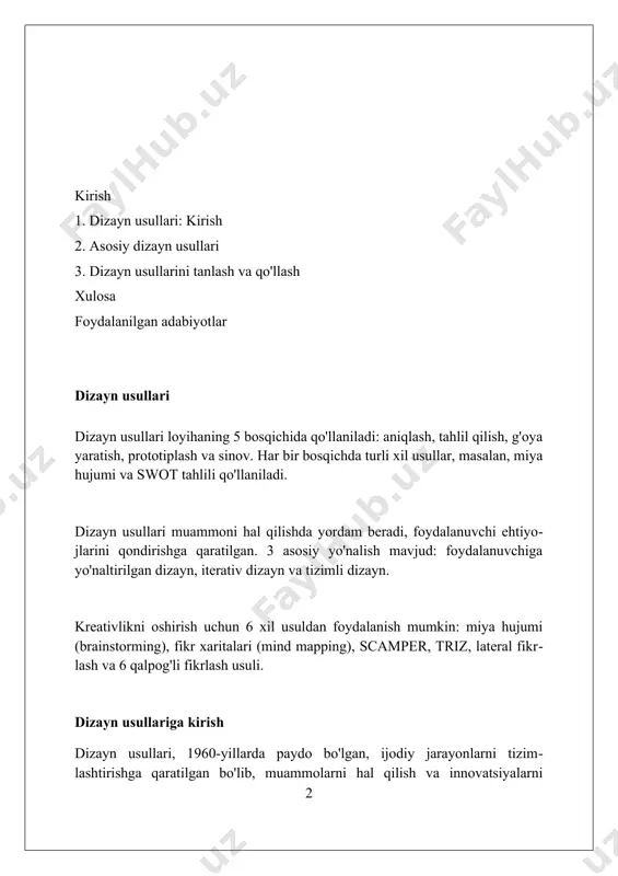 nsipga asoslanadi: foydalanuvchilarning 6-raqamli ehtiyojlariga e'tibor qaratish, empirik o'lchovlar, iterativ dizayn va foydalanuvchilarning ishtiroki. iterativ dizayn iterativ dizayn - bu prototiplarni qayta-qayta yaratish orqali mahsulotni yaxshilashga qaratilgan usul, unda har bir iteratsiya oldingi natijalarga asoslanadi va takomillashtiradi. iterativ dizaynda ish jarayoni bir necha bosqichlardan iborat bo'lib, rejalashtirish, dizayn, prototiplash, sinov va baholashni o'z ichiga oladi, bu esa mahsulot sifatini oshiradi. iterativ dizayn 1950-yillarda dasturiy ta'minotni ishlab chiqishda paydo bo'lgan va bugungi kunda veb-dizayn, sanoat dizayni va boshqa sohalarda keng qo'llaniladi. suv sharshara usuli suv sharsharasi usuli loyiha talablarini aniq belgilash va hujjatlashtirishni ta'minlaydi, har bir bosqich yakunlangandan so'ng keyingisiga o'tiladi, masalan, 1-bosqich tugallanmasa 2-bosqichga o'tilmaydi. ushbu usulda loyihaning har bir bosqichi (masalan, tahlil, loyihalash, kodlash, sinov) ketma-ket bajariladi, 100%lik yakuniy natijaga erishilgandan keyin keyingi bosqichga o'tiladi. suv sharsharasi usuli kichik, aniq talablarga ega bo'lgan va o'zgarishsiz loyihalar uchun mos keladi. agar loyihada 5 ta asosiy bosqich bo'lsa, ularning har biri …
