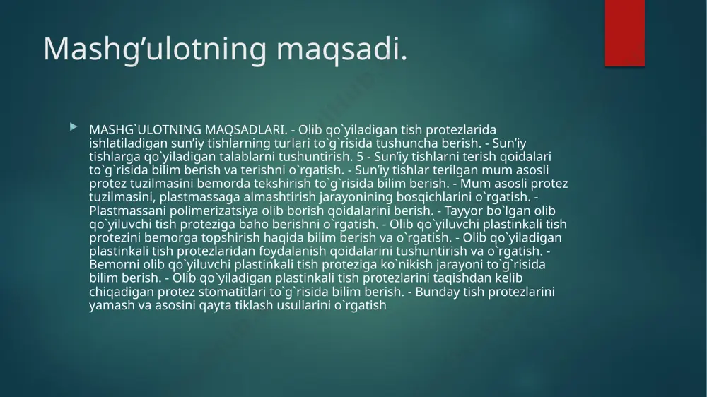 ladi, so`ng qattiq щyotkada bo`r (mel) bilan yaltiroq bo`lguncha silliqlanadi. olib qo`yiluvchi qisman plastinkali tish protezlarining sifatini baholash quyidagilarni o`z ichiga oladi: mashg`ulotni boshlashdan avval o`qituvchi talabalarga o`tilgan mavzuni eslatish kerak. protez tayyorlashning klinik laborator bosqichlarining qanchalik to`g`ri tayyorlanganligi ohirida plastinkali tish protezni ishlatish vaqtida sifatiga va unga tez o`rganishga ta’sir etadi. 1.bemorlarning sub’ektiv hissiyotlari orqali 2.tish protez chegarasi va tayanch tishlar parodont to`qimalarining holati bo`yicha. 3.protezning fiksatsiyasi bo`yicha 4.bemorning tashqi kurinishini tiklanishi holati bo`yicha 5.nutkning aniqligi va ravonligi orqali 6.chaynov samaradorligini tekshirishni laborator ko`rsatkichlari natijalari orqali aniqlash mumkin akril plastmassadan tayyorlangan protezdan ta’siridan kelib chiqqan himiko-toksik stomatit. akril plastmassa polimer va monopolimerdan tashqari turli qo`shimchalarni tutadi. ularga plastifiqator, stabilizator, to`ldiruvchi va buyoqlar kiradi. ularning barchasi toksik ta’sir ko`rsatishi mumkin. akril plastmassasining asosiy toksikologik ta’sir qiluvchi omili – monomer hisoblanadi. polimerizatsiya rejimi bo`zilganda qoldiq monomer miqdori juda ko`payib ketadi. toksik stomatitning klinikasida intoksikatsiya tez va yaqqol namoyon bo`ladi. 1-7 sutkadan …