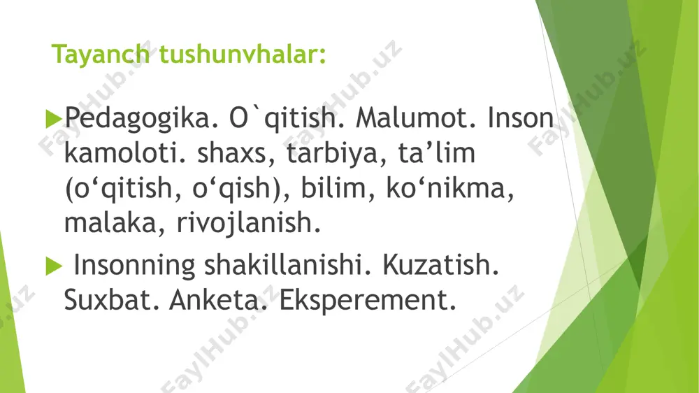 ta metodi.  intervyu metodi.  ta’lim muassasasi hujjatlarini tahlil qilish metodi.  test metodi.  pedagogik tahlil metodi.  bolalar ijodini o‘rganish metodi.  matematik-statistik metod. педагогик кузатувни ташкил этишда тадқиқотчидан қуйидагилар талаб этилади кузатув жараѐнида аниқ мақсадга эгалик; кузатишни тизимли равишда йўлга қўйиш; кузатишнинг ҳар бир босқичида муайян вазифаларни ҳал этиш; ҳар бир ҳолатнинг моҳиятини синчиклаб ўрганиш; хулоса чиқаришга шошилмаслик. сухбат методи самарали бўлиши учун қуйидагиларга амал қилиш мақсадга мувофиқ:  мақсаддан келиб чиққан ҳолда суҳбат учун белгиланувчи саволларнинг мазмуни аниқлаш ҳамда саволлар ўртасидаги мантиқийлик ва изчилликни таъминлаш;  суҳбат жойи ва вақтини аниқ белгилаш;  суҳбат иштирокчиларининг сони хусусида маълум тўхтамга келиш;  суҳбатдош тўғрисида аввалдан муайян маълумотларга эга бўлиш;  суҳбатдош билан самимий муносабатда бўлиш;  суҳбатдошнинг ўз фикрларини эркин ва батафсил айта олиши учун шароит яратиш;  саволларнинг аниқ, қисқа ва равшан берилишига эришиш;  олинган маълумотларни ўз вақтида таҳлил қилиш. анкета методини қўллашда ҳам …