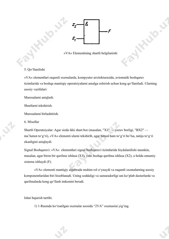 mentning kirishlariga barcha mumkin bo‘lgan kirish signallari kombinatsiyalarini bering. svetoindikatorda ko‘rsatiladigan chiqish signallari qiymatlarini 1-jadvalga yozib qo‘ying. 1-jadval x1 x2 f 0 0 0 1 1 0 1 1 2) 2-rasmda ko‘rsatilgan sxemalar asosida “2va-emas” sxemasini yig‘ing. haqiqat jadvaliga muvofiq elementning kirishlariga barcha mumkin bo‘lgan kirish signallari kombinatsiyalarini bering. svetoindikatorda ko‘rsatiladigan chiqish signallari qiymatlarini 2-jadvalga yozib qo‘ying. 2-rasm 2-jadval x1 x2 f 0 0 0 1 1 0 1 1 nazorat savollari. 1. mantiq algebrasidagi bul konstantasi va o’zgaruvchisi deb nimaga aytiladi ? 2. bul algebrasining asosiy amallarini sanab bering. ular haqiqiylik jadvallari va algebraik ifodalar orqali qanday ifodalanadi ? 3. mantiq algebrasi funksiyalari ishiga so’z bilan; haqiqiylik jadvali yordamida; algebraik ifodalar yordamida misollar keltiring. 4. qanday amal funksiya superpozitsiyasi deb ataladi ? 5. funksional to’liq majmua deb nimaga aytiladi? _1806753048.unknown ×