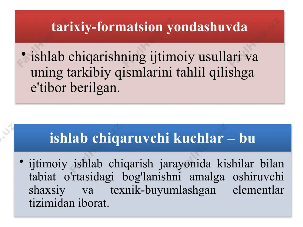 g hamma turlarini tejash imkonini beradigan yangi texnika va texnologiyalarning keng qo'llanilishi va boshqalar. 2. iqtisodiy tizimlar va ularning turli modellari har bir davrda va makonda amal qilayotgan iqtisodiy munosabatlar majmuasi iqtisodiyotni tashkil qilish shakllari, xo'jalik mexanizmi va iqtisodiy muassasalar bilan birgalikda iqtisodiy tizimni tashkil qiladi. 15 iqtisodiy tizim turlari an'anaviy iqtisodiyot uzoq davrlar mobaynida an'anaviy tarzda amal qilib keluvchi urf-odatlar, tartiblar, udumlar asosida yuritiluvchi iqtisodiy tizim ma'muriy- buyruqbozlik iqtisodiyoti barcha moddiy resurslarga ijtimoiy (dav-lat) mulkchi-ligining hukm-ronligi, xo'ja-lik yuritishga oid barcha muhim qaror larning markazlashti rilgan tartibda ma'muriy organlar tomonidan qabul qilinishiga asoslanuvchi iqtisodiy tizim bozor iqtisodiyoti tovar-pul munosabatlari, raqobat, iqtisodiy faoliyat yuritishda erkin-lik va bozor mexanizimlariga asoslan-gan holda yuritiluvchi iqtisodiy tizim aralash iqtisodiyot iqtisodiy faoliyatni tashkil etish va boshqa- rishda bozor mexanizimi tamoyil va qonunlarini ma'muriy tartiblash usullari bilan oqilona tartibda uyg'unlashtirib foydalanish-ga asoslangan iqtisodiy tizim 16 3. mulkchilik munosabatlarining mohiyati va iqtisodiy mazmuni. mulk ob'ektlari va sub'ektlari mulkchilik …
