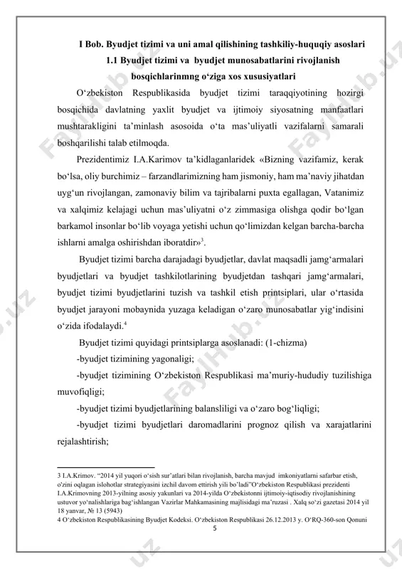 n qo‘limizdan kelgan barcha-barcha ishlarni amalga oshirishdan iboratdir»[footnoteref:3]. [3: i.a.krimov. “2014 yil yuqori o‘sish sur’atlari bilan rivojlanish, barcha mavjud imkoniyatlarni safarbar etish, o'zini oqlagan islohotlar strategiyasini izchil davom ettirish yili bo’ladi”o‘zbekiston respublikasi prezidenti i.a.krimovning 2013-yilning asosiy yakunlari va 2014-yilda o‘zbekistonni ijtimoiy-iqtisodiy rivojlanishining ustuvor yo‘nalishlariga bag‘ishlangan vazirlar mahkamasining majlisidagi ma’ruzasi . xalq so‘zi gazetasi 2014 yil 18 yanvar, № 13 (5943) ] byudjet tizimi barcha darajadagi byudjetlar, davlat maqsadli jamg‘armalari byudjetlari va byudjet tashkilotlarining byudjetdan tashqari jamg‘armalari, byudjet tizimi byudjetlarini tuzish va tashkil etish printsiplari, ular o‘rtasida byudjet jarayoni mobaynida yuzaga keladigan o‘zaro munosabatlar yig‘indisini o‘zida ifodalaydi.[footnoteref:4] [4: o‘zbekiston respublikasining byudjet kodeksi. o‘zbekiston respublikasi 26.12.2013 y. o‘rq-360-son qonuni ] byudjet tizimi quyidagi printsiplarga asoslanadi: (1-chizma) -byudjet tizimining yagonaligi; -byudjet tizimining o‘zbekiston respublikasi ma’muriy-hududiy tuzilishiga muvofiqligi; -byudjet tizimi byudjetlarining balansliligi va o‘zaro bog‘liqligi; -byudjet tizimi byudjetlari daromadlarini prognoz qilish va xarajatlarini rejalashtirish; byudjet tizimi printsiplari byudjet tiz imining yagonaligi byudjet tizimining o‘zbekiston …
