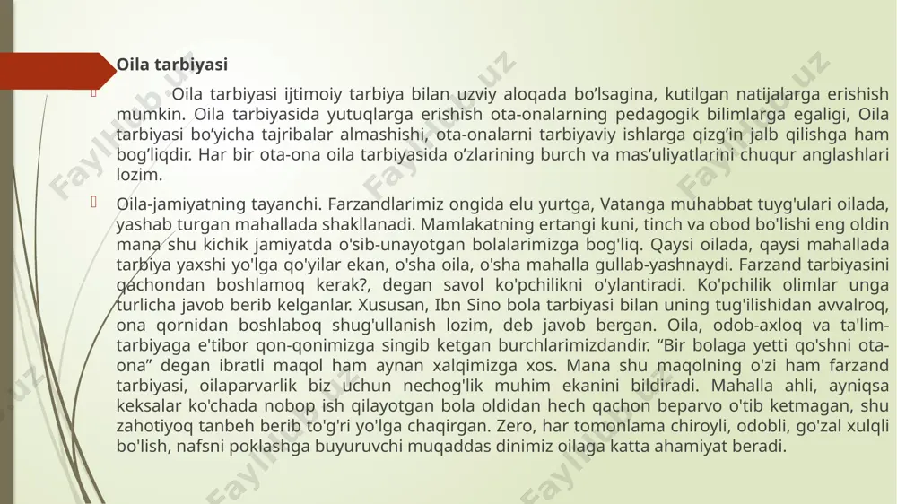 n-qonimizga singib ketgan burchlarimizdandir. “bir bolaga yetti qo'shni ota-ona” degan ibratli maqol ham aynan xalqimizga xos. mana shu maqolning o'zi ham farzand tarbiyasi, oilaparvarlik biz uchun nechog'lik muhim ekanini bildiradi. mahalla ahli, ayniqsa keksalar ko'chada nobop ish qilayotgan bola oldidan hech qachon beparvo o'tib ketmagan, shu zahotiyoq tanbeh berib to'g'ri yo'lga chaqirgan. zero, har tomonlama chiroyli, odobli, go'zal xulqli bo'lish, nafsni poklashga buyuruvchi muqaddas dinimiz oilaga katta ahamiyat beradi. xxi asrda turli hayot tarzlari va g'oyalar raqobatga kirishdi. bunda muvaffaqiyatga erishish uchun har bir davlat o'zligini saqlagan holda diniy va milliy qadriyatlarini boshqalarga anglatishni asos qilgan mafkuraga ega bo'lishi lozim. aks holda, o'zlikni yo'qotish, bebaho qadriyatlardan voz kechish kishini taraqqiyotdan ajratib, uni tobe, mustaqil fikri yo'q manqurtga aylantirib qo'yadi. hozirgi kunda g'arazli maqsadlarni amalga oshirish uchun zimdan olib borilayotgan fitnalar ba'zi millatlarning o'zligini yo'qotishga qaratilganini sezish mumkin. bunda e'tibor xududlarini egallash emas, balki inson ongini egallashga yo'naltirilgan. albatta bola tarbiyasi …