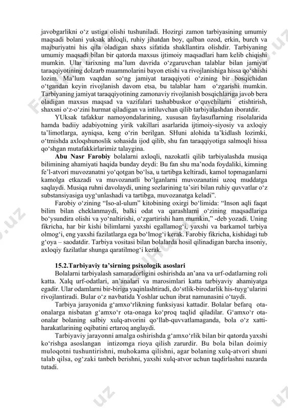 hi navbatda xuddi o‘shalar ijtimoiy tarixning barcha bosqichlarida tarbiya maqsadlarini ifodalaydi. bu maqsadlar yaxshilik va yomonlik, to‘g‘rilik va tartiblilik, insoniylik va tabiatga bo‘lgan muhabbat tushunchalari bilan bog‘liqdir. bu yana ruhiyat, erkinlik, shaxsning o‘zi va atrofida ro‘y berayotgan voqealarga javobgarlikni his qilishi, kamtarlik, insoniylik ko‘rinishlarida namoyon bo‘ladi. ruhiyat yuqori ahloqiy tafakkurning bir daqiqalik mayl va ehtiyojlardan yuqori qo‘yilishini bildiradi. o‘sib kelayotgan va rivojlanayotgan shaxsda bu doimiy ravishda ahloqiy barkamollikka intilishda namoyon bo‘ladi. erkinlik bu insonning ichki va tashqi ozodlikka intilishidir, bunda boshqa shaxsning ijtimoiy kelib chiqishi, millati, diniy va siyosiy qarashlari, sinfiy munosabatlari va boshqa xususiyatlaridan qat’iy nazar, uning xuquqlari albatta to‘la to‘kis tan olinishi lozimdir. majburiyat yoki javobgarlikni his qilish – erkinlikning qarama-qarshi jihati bo‘lib, bu shaxsning manfaatlariga xizmat qiladi. majburiyatsiz erkinlik – bu o‘zboshimchalik, palapartishlik hisoblanadi. erkinliksiz majburiyat esa – bu qullikdir. unisi yoki bunisi o‘zaro bir-birini to‘ldirganda yoki bog‘langanda mustaqil mavjud bo‘lishi mumkin. majburiyatni yana boshqacha talqin qilinsa, …