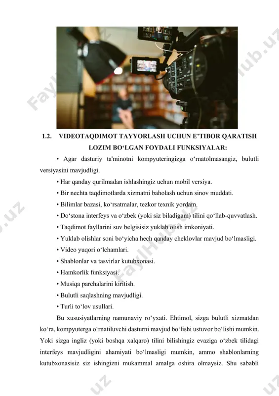 ‘zbek (yoki siz biladigam) tilini qo‘llab-quvvatlash. • taqdimot fayllarini suv belgisisiz yuklab olish imkoniyati. • yuklab olishlar soni bo‘yicha hech qanday cheklovlar mavjud bo‘lmasligi. • video yuqori o‘lchamlari. • shablonlar va tasvirlar kutubxonasi. • hamkorlik funksiyasi. • musiqa parchalarini kiritish. • bulutli saqlashning mavjudligi. • turli to‘lov usullari. bu xususiyatlarning namunaviy ro‘yxati. ehtimol, sizga bulutli xizmatdan ko‘ra, kompyuterga o‘rnatiluvchi dasturni mavjud bo‘lishi ustuvor bo‘lishi mumkin. yoki sizga ingliz (yoki boshqa xalqaro) tilini bilishingiz evaziga o‘zbek tilidagi interfeys mavjudligini ahamiyati bo‘lmasligi mumkin, ammo shablonlarning kutubxonasisiz siz ishingizni mukammal amalga oshira olmaysiz. shu sababli dasturni yoki servisni tanlayotganda, siz uchun muhim bo‘lgan funktsiyalarni yozing va parametrlarga mos keladigan barcha xizmatlarni sinab ko‘ring. “bunday xizmatlarning maqsadi videolarni yaratish emasligini tushunishingiz kerak. agar siz shunchaki statik taqdimotni videoga aylantirishingiz kerak bo‘lsa, odatiy powerpoint va keynote mos keladi - ularda barcha eksport imkoniyatlari mavjud” mark xlinov, ceo esprezo quyida videotaqdimotlar tayyorlash uchun dastur va servislar …
