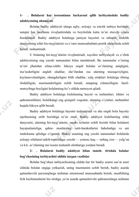 ng o’yinlari, mehnatlari haqida hikoya qilib beradi. badiiy adabiyot bolalarga hayotni tushuntiradi va shu orqali bola hayotiy tajribasining ortib borishiga ta’sir etadi. badiiy adabiyot kishilarning ichki dunyosini, ularning his-tuyg’ularini, xarak- tcrlarini ochib bcrishi bilan bolalarni hayajonlanisliga, qahra- monlarning xatti-harakatlarini baholashga va uni muhokama qilishga o’rgatadi. badiiy asarning eng yaxshi namunalari bolalarda axloqiy sifatlarni tarkib toptirishga: yaxshi — yomon, haq — nohaq, rost — yolg’on va h.k. so’zlarning ma’nosini tushunib olishlariga yordam beradi. 2- . bolalarni badiiy adabiyot bilan tanish- tirishda bolalar bog’chasining tarbiyachisi oldida turgan vazifalar bolalar bog’ehasi tarbiyachisining oldida har bir badiiy asarni san’at asari sifatida bolalar ongiga yetkazish, uning mazmunini ochib berish, badiiy asarda qatnashuvchi personajlarga nisbatan emotsional munosabatda boiish, muallifning lirik kechinmalarini his etishga, ya’ni asarda qatnaslnivchi qahramonlarga nisbatan o’z nuinosabatlarini ifodalashga o’rgatish kabi murakkab vazifalar turadi. bu vazifalarni amalga oshirish uchun tarbiyachining o’zi, bolalarni badiiy asar bilan tanishtirishdan awal, uni his etishi va tushunishi, mazmunini tahlil …