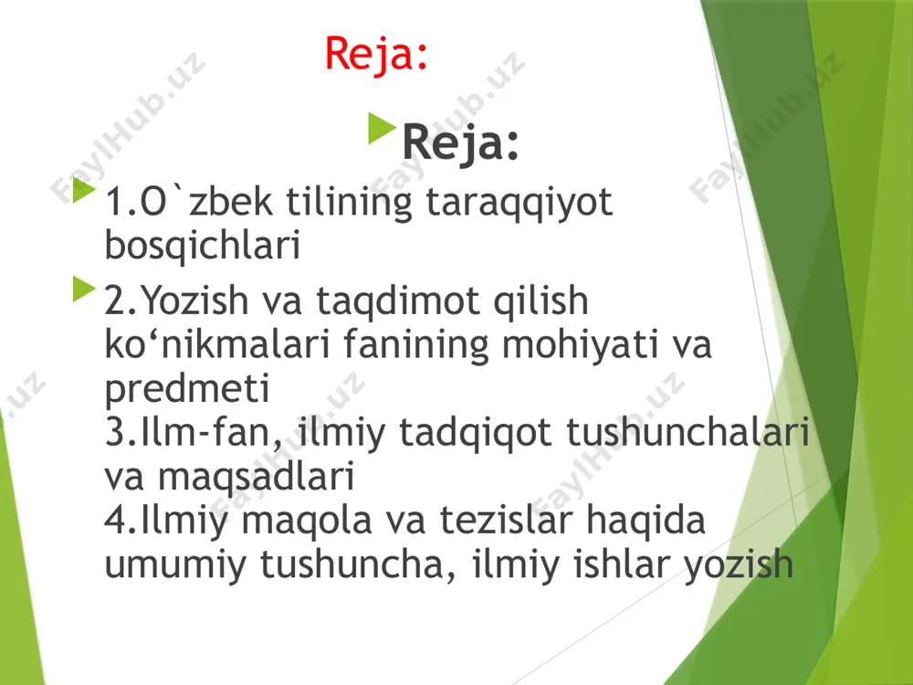 ar haqida aniq asoslangan, izchil ma’lumotlar berishda qo’llaniladi. ilmiy uslubda biror narsa yoki hodisa mohiyatini ta’riflash, tahlil qilish, dalillar bilan isbotlash va asosli natijalarni bayon qilish muhim hisoblanadi. bu uslubda maxsus atamalar ko’p ishlatiladi. ilmiy uslubda adabiy normaga rioya etilib, murakkab qurilishli gaplardan keng foydalaniladi. yozish va taqdimot qilish ko‘nikmalari fanining mohiyati va predmeti siz talaba yoki o'qituvchi bo'lishingizdan qat'i nazar, bugungi kunda akademik yozish va nutq so`zlash qobiliyatlari zarur. insholar, hisobotlar, taqdimotlar va tadqiqot ishlari akademik uslubda yozilgan hujjatlarning bir nechta namunasidir fan tarixining empirik bazasini o‘tmishdagi ilmiy matnlar, kitoblar, jurnal maqolalari, olimlaming o'zaro yozgan xatlari, nashr qilinmagan qo‘lyozmalar va h.k. tashkil qiladi. lekin bu bilan fan tarixchisi o‘z tadqiqoti uchun yetarli materialga ega bo‘la oladimi? yo‘q, chunki olim biror narsani kashf qilganda, uni yolg‘on xulosalarga olib kelgan turli xato yo‘llami unutishga va tarixni obyektiv o‘rganishga harakat qiladi. falsafaning axloq, ya'ni yaxshi va yomon, to'g'ri va noto'g'ri, adolat va …