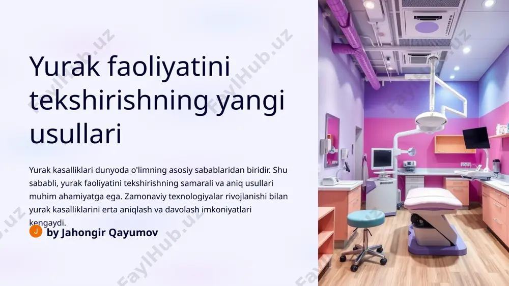 yatini elektr toki yordamida aniqlash. 2 holter monitoringi bemor 24 soat davomida ecgni yozib oladi. 3 yurak ritmi stimulatori yurak urish tezligini boshqarish uchun ishlatiladi. ‹#› yurak biomarkerlarini aniklash troponin yurak mushagi shikastlanishini ko'rsatuvchi biomarker. nt-probnp yurak yetishmovchiligining belgisidir. ‹#› yangi tekshiruv usullarining qo'llash joylari yurak kasalliklarini erta aniqlash yurak xastaligi xavfi yuqori bemorlarni tekshirish. davolanishning samaradorligini kuzatish bemorlarga qo'llaniladigan davolanishning samaradorligini baholash. jarrohlik amaliyotidan oldin jarrohlik amaliyotidan oldin bemorning yurak holatini baholash. ‹#› yangi usullardan olinadigan natijalar yurak faoliyatini tekshirishning yangi usullari yurak kasalliklarini erta aniqlash, davolash samaradorligini oshirish va bemorlarning hayot sifatini yaxshilash imkonini beradi. ushbu usullar yurak kasalliklari bilan kurashishda muhim rol o'ynaydi. ‹#› image-1002-1.png image-1002-2.png image-1-1.png image-1-2.png image-1003-1.png image-1003-2.png image-2-1.png image-1004-1.png image-1004-2.png image-3-1.png image-1005-1.png image-1005-2.png image-4-1.png image-1006-1.png image-1006-2.png image-5-1.png image-5-2.png image-5-3.png image-5-4.png image-1007-1.png image-1007-2.png image-1008-1.png image-1008-2.png image-7-1.png image-1009-1.png image-1009-2.png image-8-1.png image-8-2.png image-1010-1.png image-1010-2.png image-9-1.png image-9-2.png image-9-3.png image-9-4.png image-1011-1.png image-1011-2.png image-10-1.png