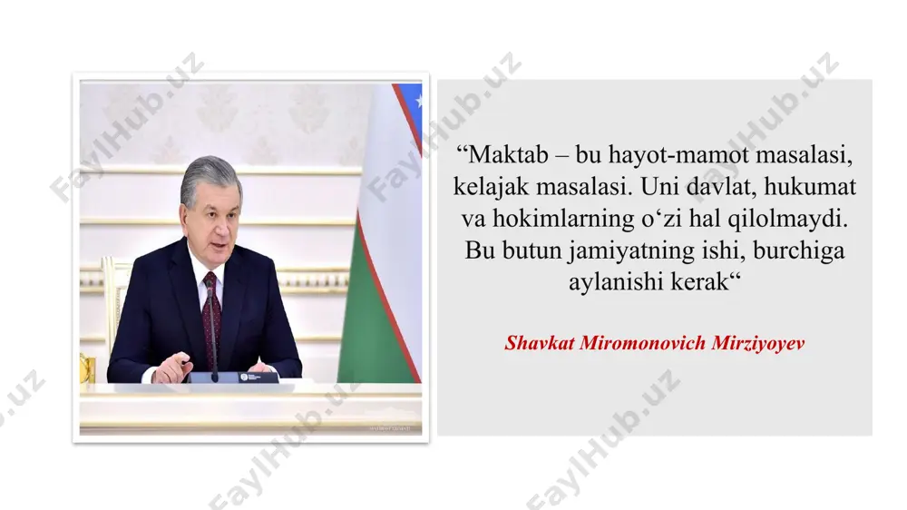 ri ostida./ mualliflar: м. sharifho’jayev, y.abdullayev. –т: “o’qituvchi” nashriyoti, 2001 y. -706 3. o’zbekiston “mahalla” xayriya jamoat fondi. g.alimova, j.kamolov, sh.abdullayeva. “oila – mahalla – ta’lim muassasasi” hamkorligi. т., 2014. – 64 b. 4. https://lex.uz/docs/-5013007 5. https://lex.uz/docs/-6445145 foydalanilgan adabiyotlar maqsad maktabning boshqaruv jarayonida mahalliy davlat hokimiyati bilan o‘zaro hamkorlikda zamonaviy qiyofadagi maktab va intellektual salohiyatli vatanparvar yoshlarni kamol toptirish va o‘zaro hamkorlik ishlari samaradorligini oshirish orqali ta’lim sifati va samaradorligini oshirishdan iborat 12/24/2024 vazifalar mahalliy davlat hokimiyati bilan hamkorlikda maktabning moddiy texnik bazasini yaxshilash mahalliy davlat hokimiyati bilan hamkorlikda o‘quvchilarni bilimlarini doimiy nazorat qilish va bo‘shliqlarini to‘ldirish o‘quvchilarni kasb-hunarga yo‘naltirishda, bitiruvchilarning bandligini ta’minlashda mahalliy davlat hokimiyati bilan hamkorlikni yo‘lga qo‘yish ta’limtizimidagi islohatlar haqida ota-onalar va keng jamoatchilikning uzviy ma’lumotga ega bo‘lishlarini ta’minlash; mahalliy davlat hokimiyati va umumiy o‘rta ta’lim maktabi hamkorlikda ota-onalar bilan uchrashuvlar tashkil qilish 12/24/2024 9 kanada germaniyada ta’lim tizimi federal davlatlar (länder) tomonidan boshqariladi. mahalliy davlat hokimiyatlari …