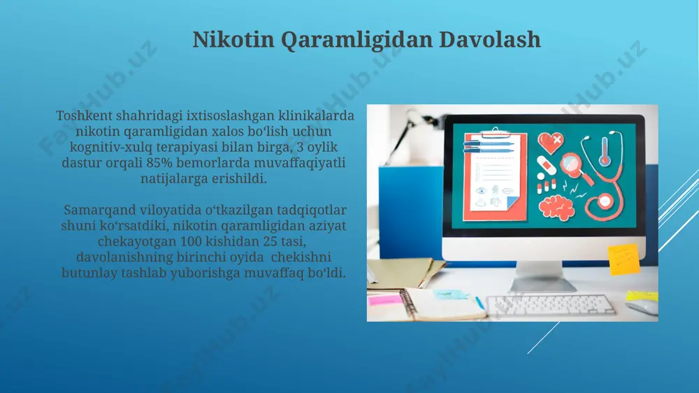 3-yil holatiga ko'ra, toshkent shahrida joylashgan 50 dan ortiq tibbiyot asbob-uskunalari ishlab chiqaruvchi korxonalarning 1000 dan ziyod tibbiy asboblari ro'yxatdan o'tgan. nikotinning reproduktiv salomatlikka ta'siri samarqand viloyatida o'tkazilgan tadqiqotlar shuni ko'rsatdiki, chekuvchi ayollarda 35% ga ko'proq bepushtlik holatlari qayd etilgan, bu esa reproduktiv salomatlikka jiddiy tahdid soladi. nikotin ta'siri natijasida o'zbekistonda 2022 yilda 1500 dan ortiq ayollarda homiladorlik bilan bog'liq asoratlar kuzatildi, bu esa tug'ruqning murakkablashishi va erta tug'ilish holatlarining ko'payishiga olib keldi. nikotinning tana ga ta'siri mexanizmlari nikotin retseptorlari, xususan, α3β4 xolinoreseptorlari bilan bog'lanib, miyaning mukofot tizimini faollashtiradi, natijada 10-20 soniyadan keyin lazzatlanish hissi paydo bo'ladi, bu esa giyohvandlikka olib kelishi mumkin. nikotin, miyadagi dopamin miqdorini 40% gacha oshirib, kuchli rag'batlantiruvchi ta'sir ko'rsatadi, bu esa aqshdagi tadqiqotlarga ko'ra, chekishning qaramlik xususiyatlarini tushuntirishga yordam beradi. yurak-qon tomir kasalliklari va nikotin ўзбекистондаги 2022 йилги маълумотларга кўра, юрак-қон томир касалликлари билан касалланганларнинг 30% дан ортиғи никотин истеъмоли билан боғлиқ бўлган муаммоларга дуч …