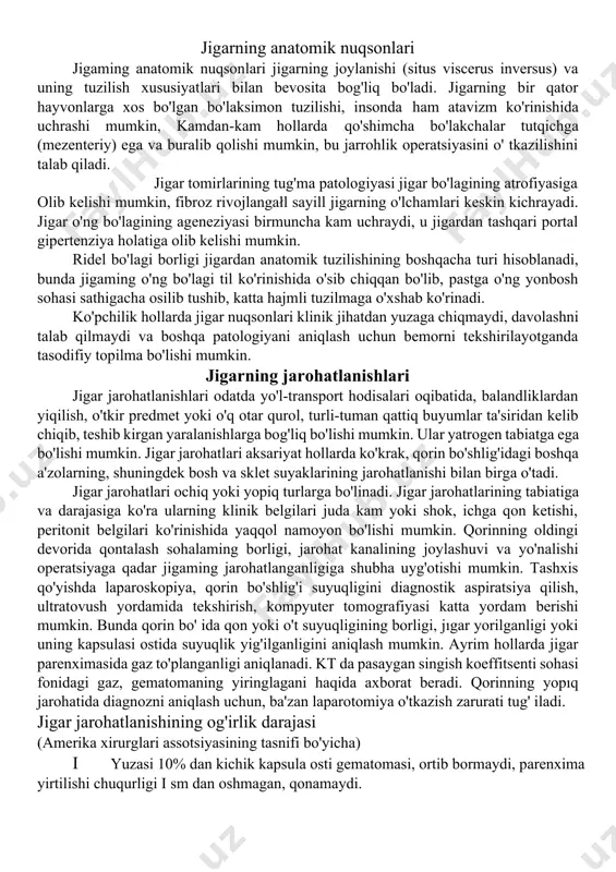 o' li bo'ylab kiradi va jigar parenximasigacha etib boradi. jigar turli-tuman faoliyatlarni bajaradi: oqsil sintezi, uglevod, yog' almashinuvida qatnashadi, ular bir-biri bilan chambarchas bog'langan. jigarda qon plazmasining asosiy oqsillari (albuminlar, globülinlar fibrinogen), oddiyuglevodlardan glikogen polisaxaridi sintezi sodir bo'ladi va uning glyukoza xosil qilib parchalanishi, yog' utilizatsiyasi, yog kislotalarining parchalanishi va oksidlanib parchalanishi shuningdek fosfolipidlar sintezi ro'y beradi. jigar hujayralarida ammiakdan mochevina xosil bo'lishi kechadi, qon ivish omillari sintezi, bilirubin almashinuvi ta 'minlanadi. jigar endogen va ekzogen toksik moddalarni zararsizlantirishning eng muhim a' zolaridan biri bo'lib hisoblanadi. jigar etishmovchiligining muhim ko'rinishlaridan biri sariqlik hisoblanadi, uning asosini ilgar pıgment almashinuv faoliyatining buzilishi tashkil qiladi. bilirubin gem metobolizmining oxirgi mahsuloti hisoblanib, u gemoglobin, mioglobin, tsitoxromlar, masalan, r450 tsitoxromi molekulalarining tarkibiy qısmi hisoblanadi. bir kecha-kunduzda retikuloendotelial sistemada taxminan 300 mg bilirubin xosil bo'ladi. bunda unıng qariyib 80 0/0 eritrotsitlar gemoglobinidan sintez qilinadi qolgan miqdori esa taloq, suyak iligi, gem saqlaydigan oqsillarning etilmagan hujayralaridan sintez …