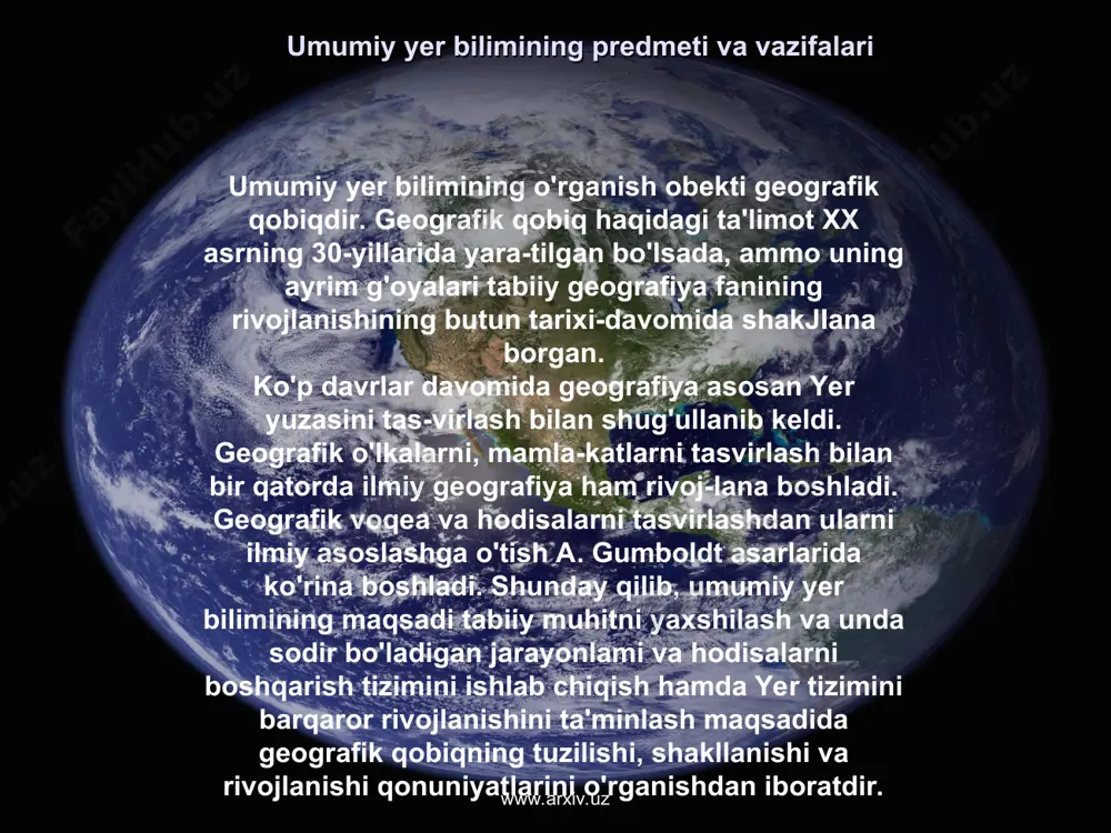 roq, hayvonot dunyosi, tabiat zonalari va landshaftlarni o'rganishda keng qo'llaniladi. mazkur usul mamlakatshunoslikda ko'proq foydalaniladi www.arxiv.uz www.arxiv.uz ekspeditsiya yoki data usuli tabiiy geografiyaning asosiy usul-laridan biridir. geografik nazariyalar asosan dalada to'plangan ma'lumotlar asosida rivojlanadi. shuning uchun mazkur usul antik davrdan to hozirgi davrgacha geografik ma'lumotlar olishning va tabiatni hamda xo'jalikni o'rganishning asosiy usuli bo'lib hisoblanib kelmoqda. mazkur ekspeditsiyalar tabiatni yoki xo'jalikni ayrim tar-blarini hamda tarmoqlarini o'rganish uchun uyushtiriladi. ma-alan. geologik qidiruv ekspeditsiyalarida hududning geologik va foydali qazilmalari, tuproqshunoslik ekspeditsiyala­rida tuproqlar, landshaftshunoslik ekspeditsiyalarida landshaft-br o'rganiladi. bundan tashqari muntazam ishlaydigan ekspe-iyalar ham uyushtiriladi. masalan, tyan-shan statsionari 1945-yilda ochilgan. kartografik usul har bir geografik tadqiqot ishlarida qo*llaniladi. kartografik usul yordamida tabiiy va iqtisodiy sha-roitning umumiy va xususiy tomonlari tavsiflanadi. masalan, kompleks xaritalar, tabiiy xaritalar, geologiya, tuproq, o'simlik, landshaft, qishloq xo'jaligi, sanoat va boshqa xaritalar. aerokosmik usullari ham tabiiy geografiyada keng qo'llani-. ular turli ilmiy ishlarda hamda xaritalar tuzishda foyda-laniladi. paleogeografik usul tabiiy geografiyada …