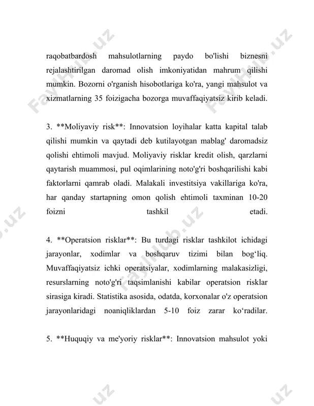 lar koʻpincha risklarni boshqarishda foydalidir. ular bozordagi narx o‘zgarishlari xavfini kamaytirishga yordam beradi. 7. riskni monitoring qilish va nazorat qilish: risklarni samarali boshqarish uchun doimiy ravishda monitoring qilish va nazorat qilish muhimdir. risklarni boshqarish strategiyalari vaqt o‘tishi bilan yangilanib, adekvat ravishda sozlanib turilishi kerak. 8. strategiyani qayta ko‘rib chiqish: har qanday risk boshqaruv strategiyasi doimiy ravishda qayta baholanib, kerak bo‘lsa o‘zgartirilishi zarur. tashkilotlar doimo o‘z faoliyatida yuzaga kelishi mumkin bo‘lgan yangi xavflarni ko‘rib chiqib, strategiyalarni shunga mos ravishda moslashtirishlari lozim. risklarni boshqarishning yuqorida sanab o‘tilgan usullari korxonalar va tashkilotlarga o‘z faoliyatlarida barqarorlikni saqlash, noaniqliklarni nazorat qilish va moliyaviy barqarorlikni kuchaytirish imkoniyatini beradi. maqsad — korxonaning uzoq muddatda muvaffaqiyatga erishishi uchun tavakkalchiliklarni eng maqbul darajada boshqarishdir. bu esa, o‘z navbatida, tijoriy maqsadlarga erishishda mustahkam poydevor yaratishga yordam beradi. 3. innovatsion loyihalarda tavakkalchilik darajasini baholash innovatsion loyihalarda tavakkalchilik darajasini baholash jarayoni moliyaviy, texnologik va bozor omillarini o'z ichiga oladi. ushbu jarayon ko'plab …