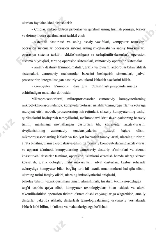 arini, ularning turlarini ajrata bilishni, ularni ekspluatasiya qilish, zamonaviy kompyuterlarning arxitekturasi va apparat ta'minoti, kompyuterning zamonaviy dasturiy ta'minotlari va xizmat ko'rsatuvchi dasturlar ta'minot, operasion tizimlarni o'rnatish hamda ularga xizmat ko'rsatish, grafik qobiqlar, matn muxarirlari, jadval dasturlari, kasbiy sohasida uchraydiga kompyuter bilan bog'liq turli hil texnik muammolarni hal qila olishi, ularning turini farqlay olishi, ularning imkoniyatlarini aniqlashi, baholay bilishi, texnik qurilmani tanish, almashtirish, tuzatish, texnik nosozligiga to'g'ri tashhis qo'ya olish, kompyuter texnologiyalari bilan ishlash va ularni takomillashtirish operasion tizimni o'rnata olishi va yangilariga o'zgartirish, amaliy dasturlar paketida ishlash, dasturlash texnologiyalarining uskunaviy vositalarida ishlash kabi bilim, ko'nikma va malakalariga ega bo'lishadi. 4 1. kompyuter avlodlari va ularning klassifikasiyasi 1 - avlod mashinalari. bu kompyuterlar xx 40-yillarida paydo bo'lgan. edison tomonidan 1883 yil vakuumdagi tuk utkazish mumkinligini kashf kilinganiga karamay. 1904 yili fleming birinchi vakum diodli elektron lampani qurdi. keyinchalik li de forrest vakumniy triod kashf etdi, keyin gaz tulatilgan elektron lampa - …