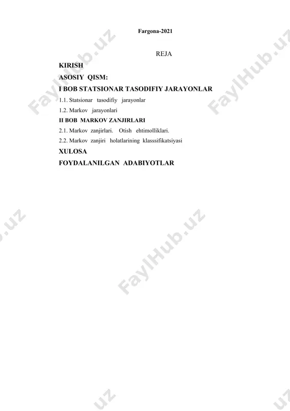simot mavzusi haqida tushuncha berish. 4. kurs ishini jihozlab, uni himoyaga tayyor qilish. i bob statsionar tasodifiy jarayonlar 1.1. statsionar tasodifiy jarayonlar statsionar jarayonlar tasodifiy jarayonlarning muhim sinflaridan biri hisoblanadi. statsionarlik xossasi jarayon kesimlari sinfining ba�zi xarakteristikalari vaqtga bog�liq emasligini bildiradi. 1-ta�rif: jarayon berilgan bo�lsin. agar larda ixtiyoriy vaqt momentlari va tasodifiy miqdorlarning birgalikdagi taqsimoti, shartlarni bajaradigan barcha h lar uchun bir xil bo�lsa, u holda statsionar tasodifiy jarayon deyiladi. statsionar jarayonning chekli �lchovli taqsimotlari h ga surishga nisbatan invariantdir. agar bunday jarayonning matematik kutilmasi mavjud bo�lsa, u o�zgarmas, va (ikkinchi moment mavjud bo�lsa) - kovariatsiya funksiyasi ayirmagagina bog�liq bo�ladi. shu munosabat bilan quyidagi ta�rifni kiritamiz. 2-ta�rif. agar ixtiyoriy uchun embed equation.dsmt4 bo�lsa, u holda keng ma�noda statsionar jarayon deb ataladi. bir xil taqsimlangan, bog�liqsiz bo�lishi shart bo�lmagan tasodifiy miqdorlarning yig�indisi statsionar tasodifiy jarayonga misol bo�ladi. endi murakkabroq misollarni ko�ramiz: 1-misol. tasodifiy miqdorlar esa tasodifiy miqdorlarga bog�liq emas va oraliqda …